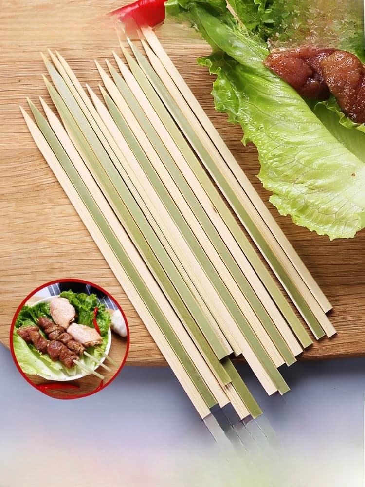 Green Skin Bamboo Skewers Japanese Style Charcoal Grilled Bird Flat Skewers Barbecue Sausage Sticks for Commercial Use