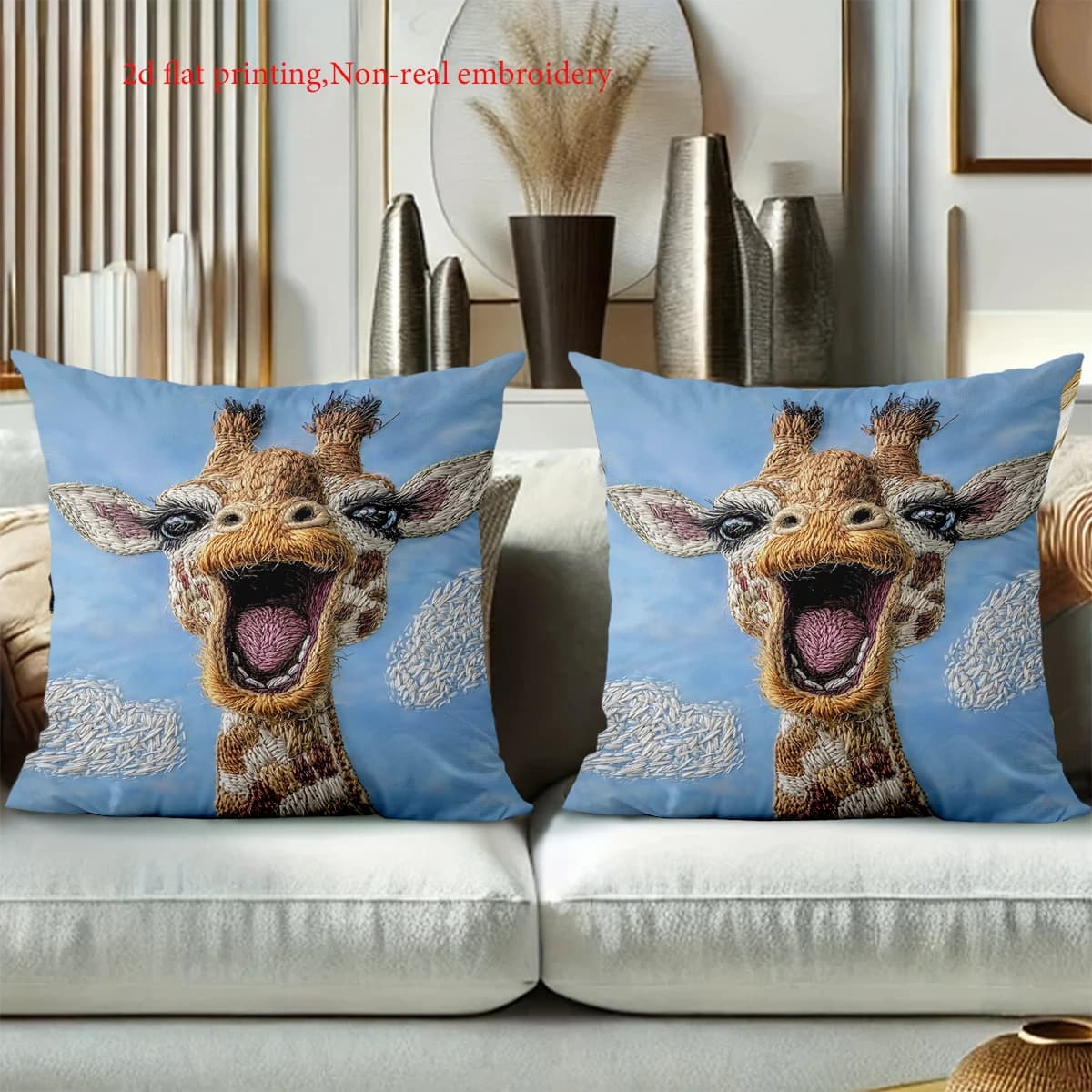 Stampa piatta 2D Simpatico modello giraffa Cuscino blu Cuscino Decor Federa in poliestere per divano fodera per cuscino decorativa