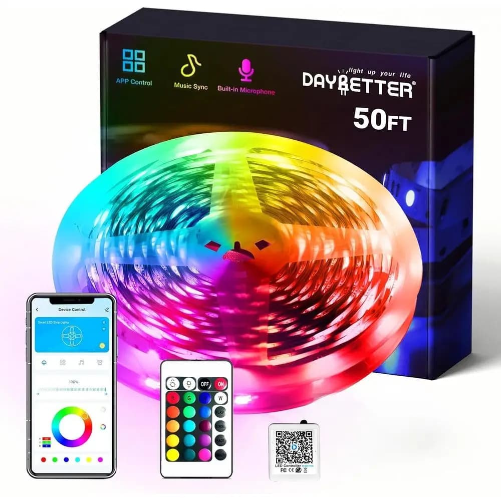 Multicolor RGB LED Strip Lights, 50 LEDs, App-Controlled for Bedroom, Home Decor, Living Room, Kitchen, and Party Lighting