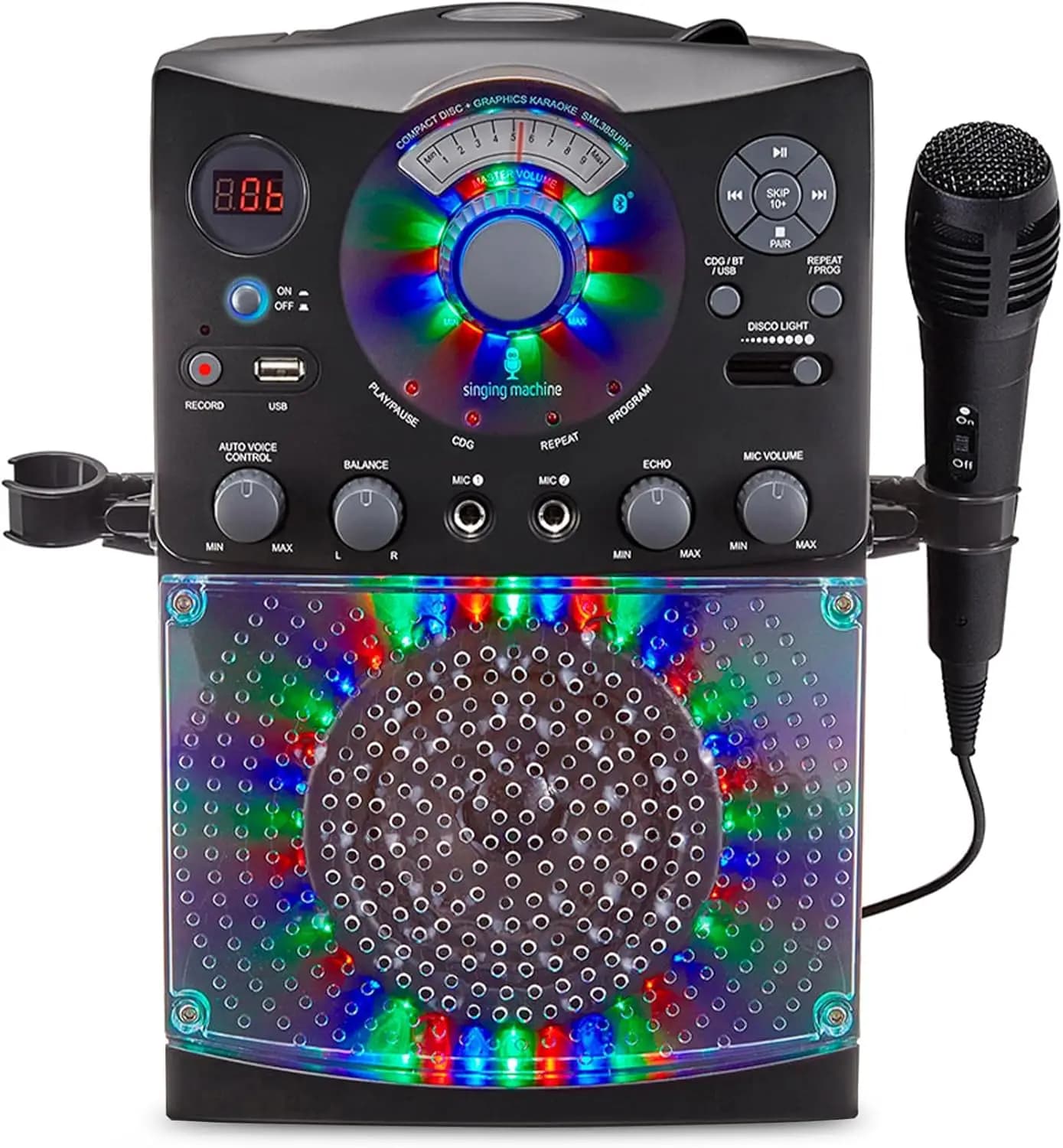 Macchina per Karaoke per Bambini e Adulti con Luci LED, Bluetooth, CD+G, USB, Microfono Cablato - Nero