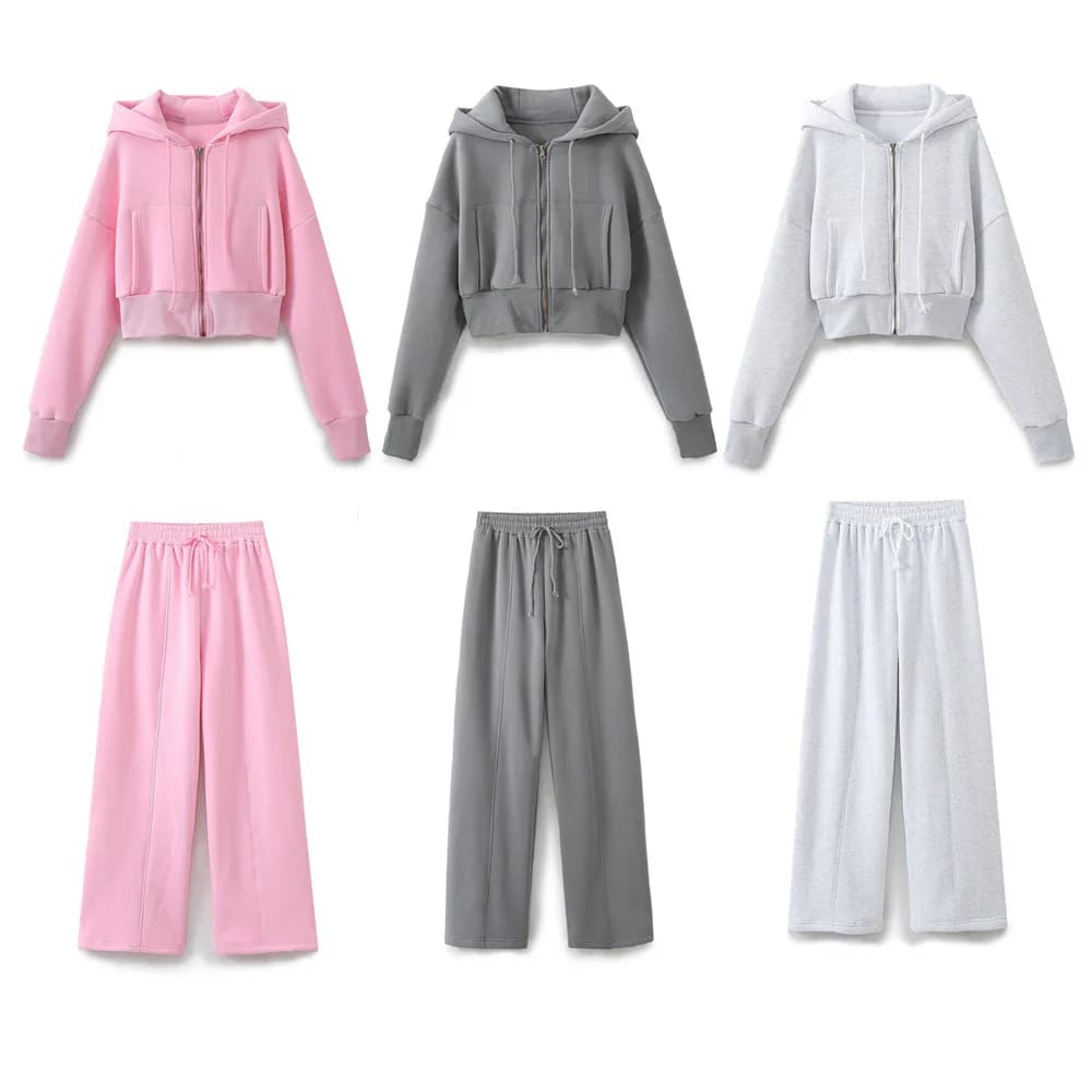 Women's Fashion Casual Hooded Short Sweatshirt + Long Pants Set GLFB