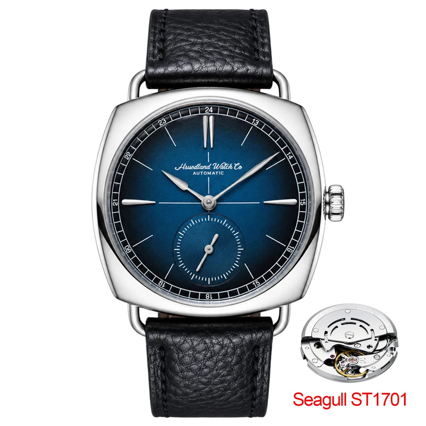 HRUODLAND Men's Square Movement Seagull ST1701 Mineral Glass K1 Watch Automatic Waterproof Dial Blue Classic