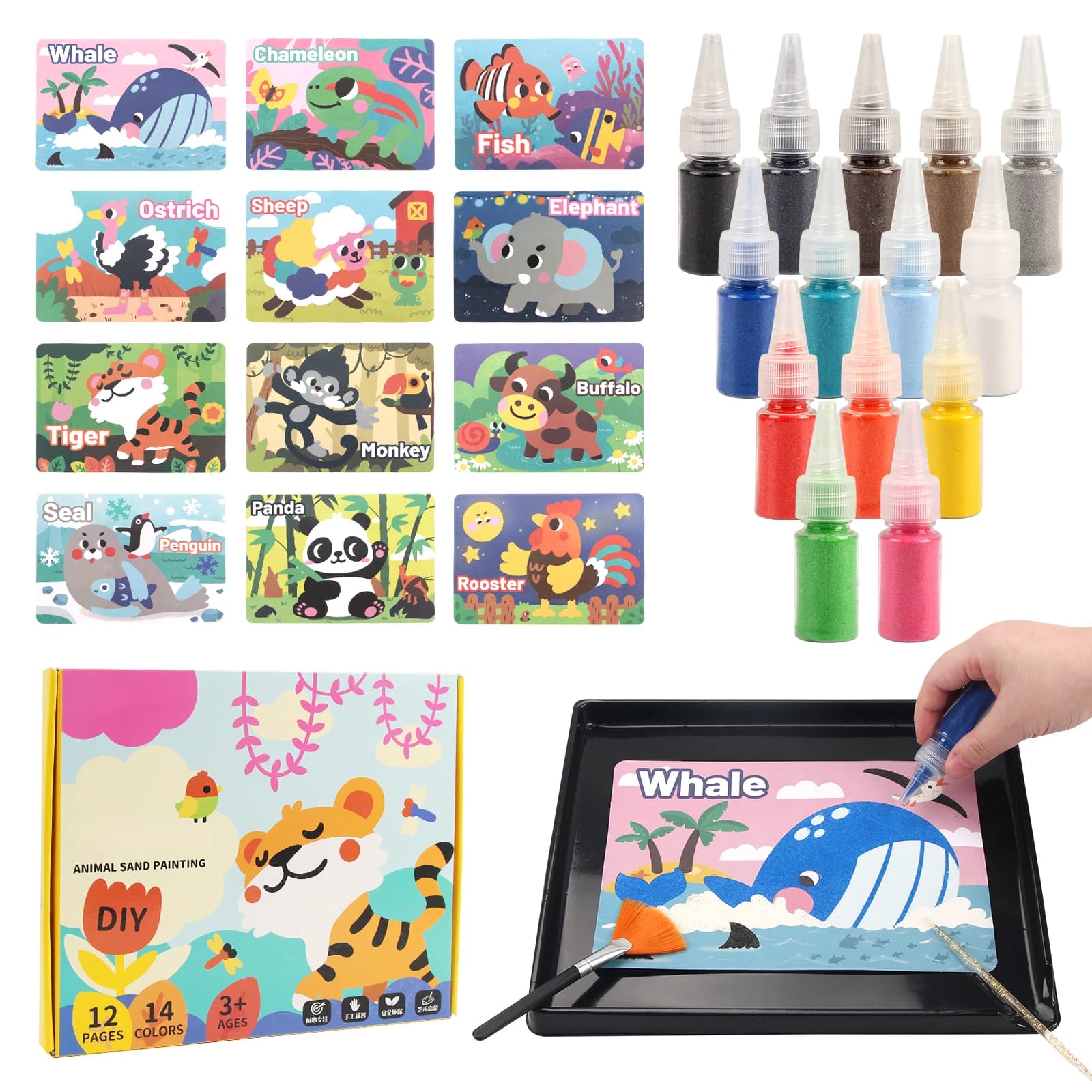 Kit di pittura con sabbia artigianale fai-da-te Kit di arte con sabbia 12 carte di pittura con sabbia di animali 14 giocattoli educativi a colori giocattoli Montessori per regali per bambini