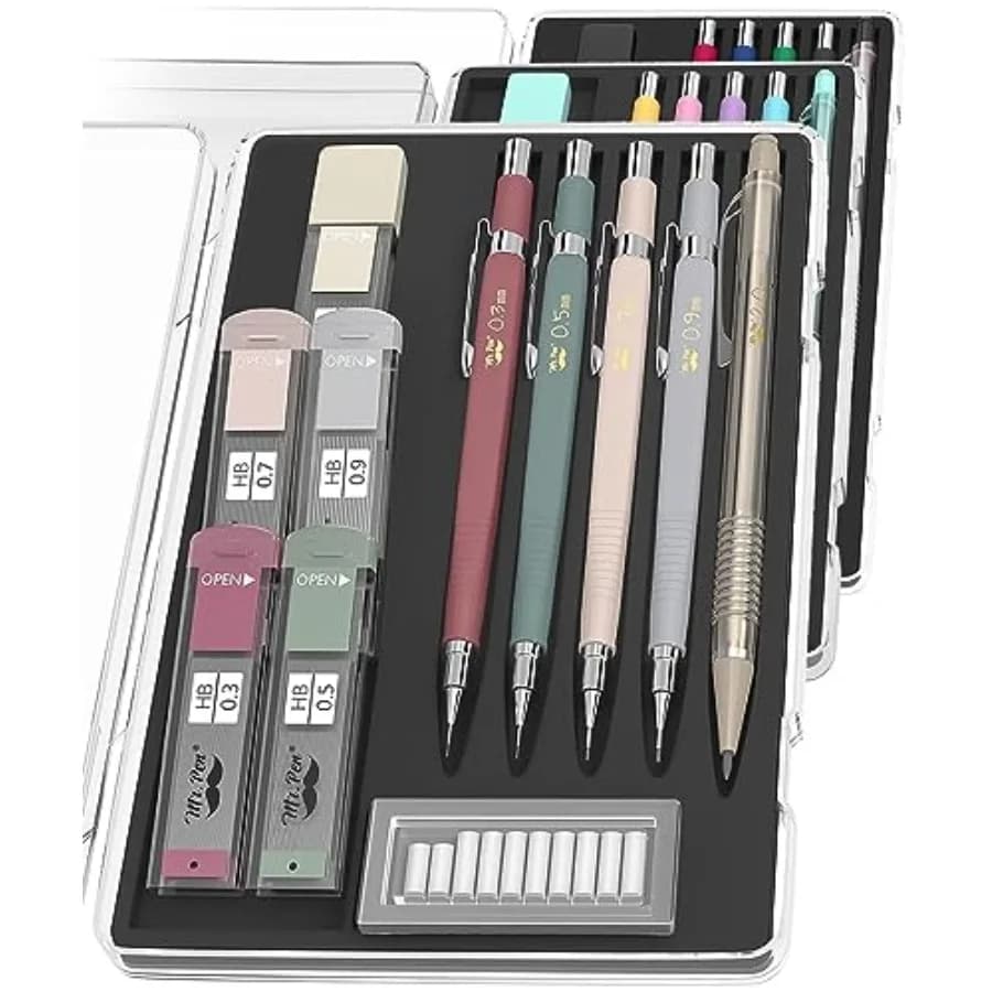 Art Mechanical Pencil Set, 5 Sizes 0.3, 0.5, 0.7, 0.9, 2.0mm 5 HB Lead Refills and 10 Eraser Refills, Precision Drawing Pencils