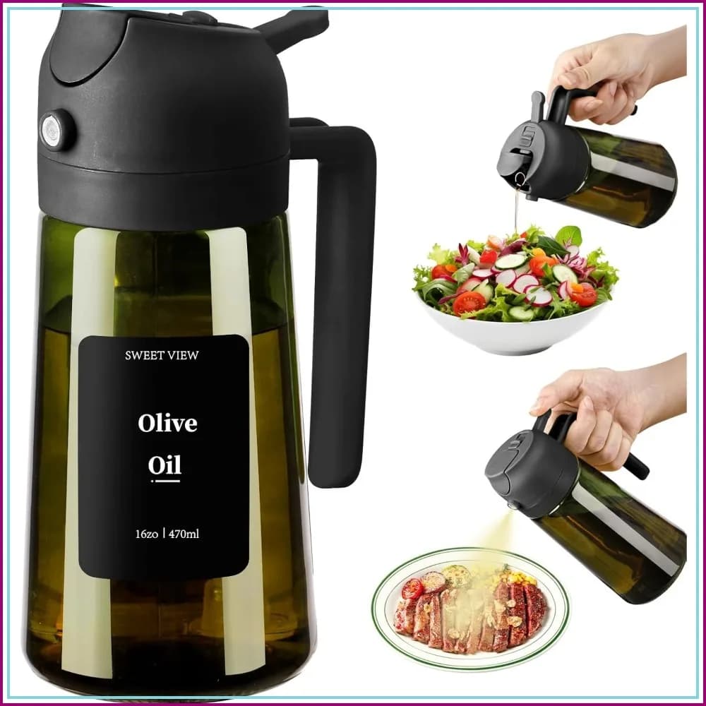 Spruzzatore per Olio d'Oliva da Cucina, Contenitore in Vetro Anti-Luce da 470ml/16oz per Cucina, Friggitrice ad Aria, Insalate, Barbecue con Adesivi
