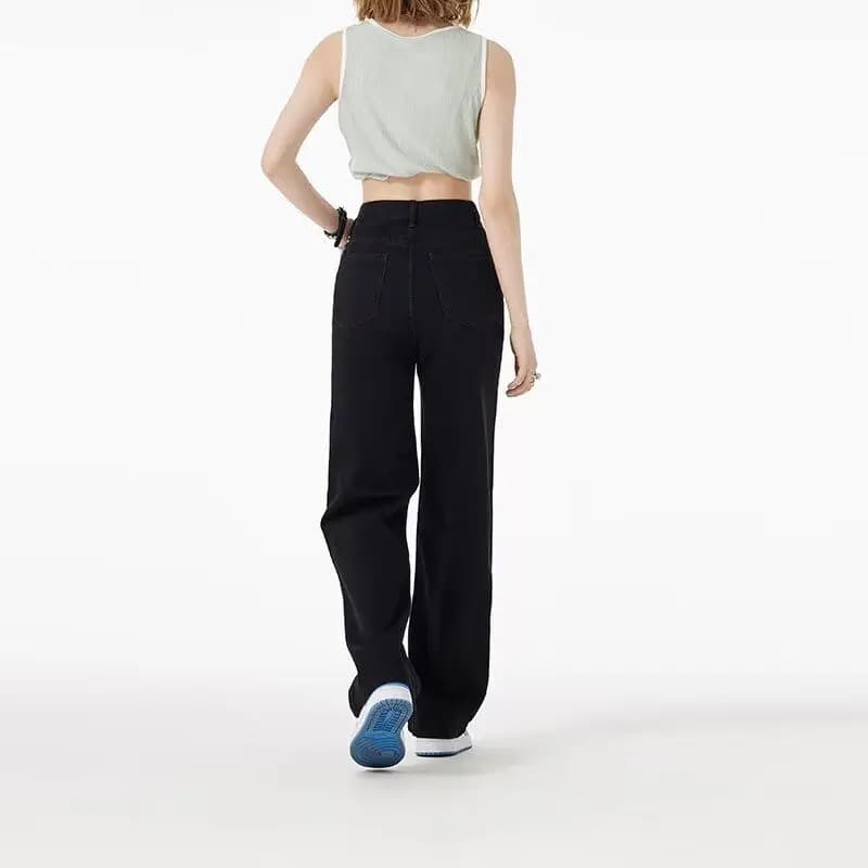 Women's wide leg black jeans, casual high waist pants, spring style, strong sizes, fashionable