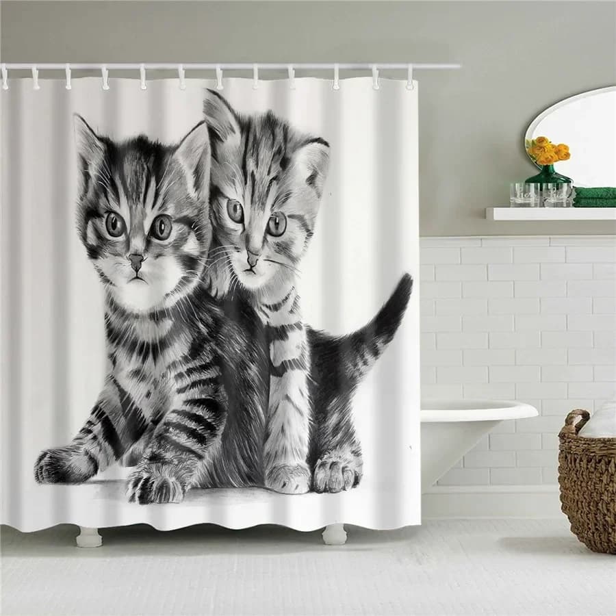 Cartoon Cats tenda da doccia bagno poliestere impermeabile bambini con ganci animale nero bianco decorazioni per la casa