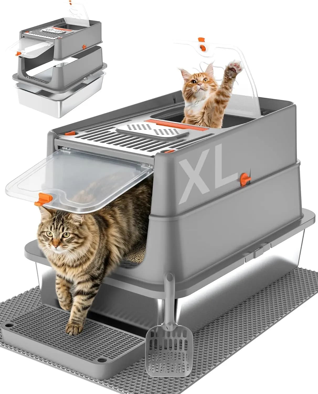 Lettiera per Gatti in Acciaio Inossidabile con Coperchio Ribaltabile, Lettiera XL Extra Large con Design ad Ingresso dall'Alto e Bordi Alti, Anti-Perdita