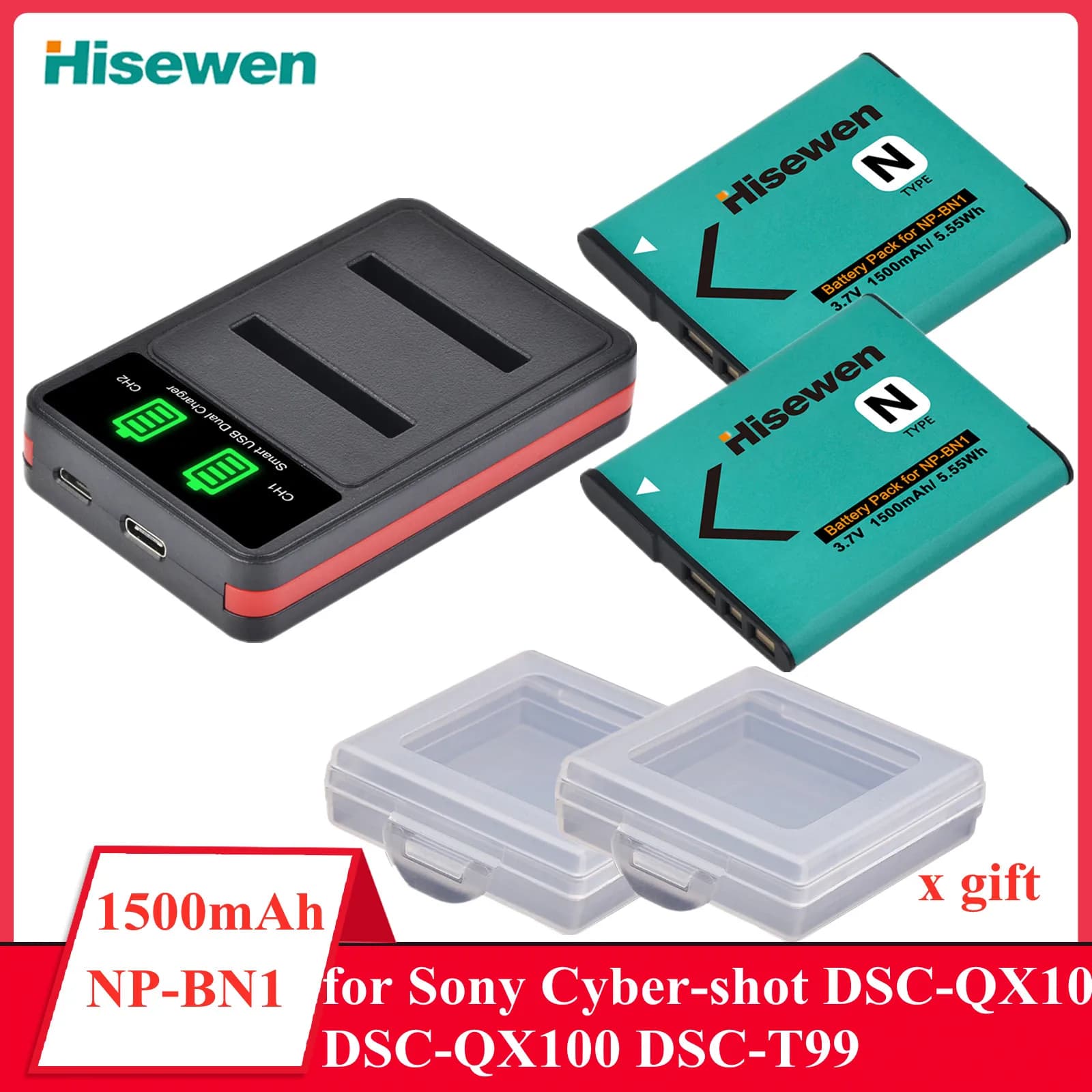 Batteria NP BN1 da 1500 mAh + caricabatterie tipo C per Sony Cyber-shot DSC-QX10 DSC-QX100 DSC-T99 DSC-T110 DSC-TF1 DSC-TX5 TX7 TX9 DSC-TX10