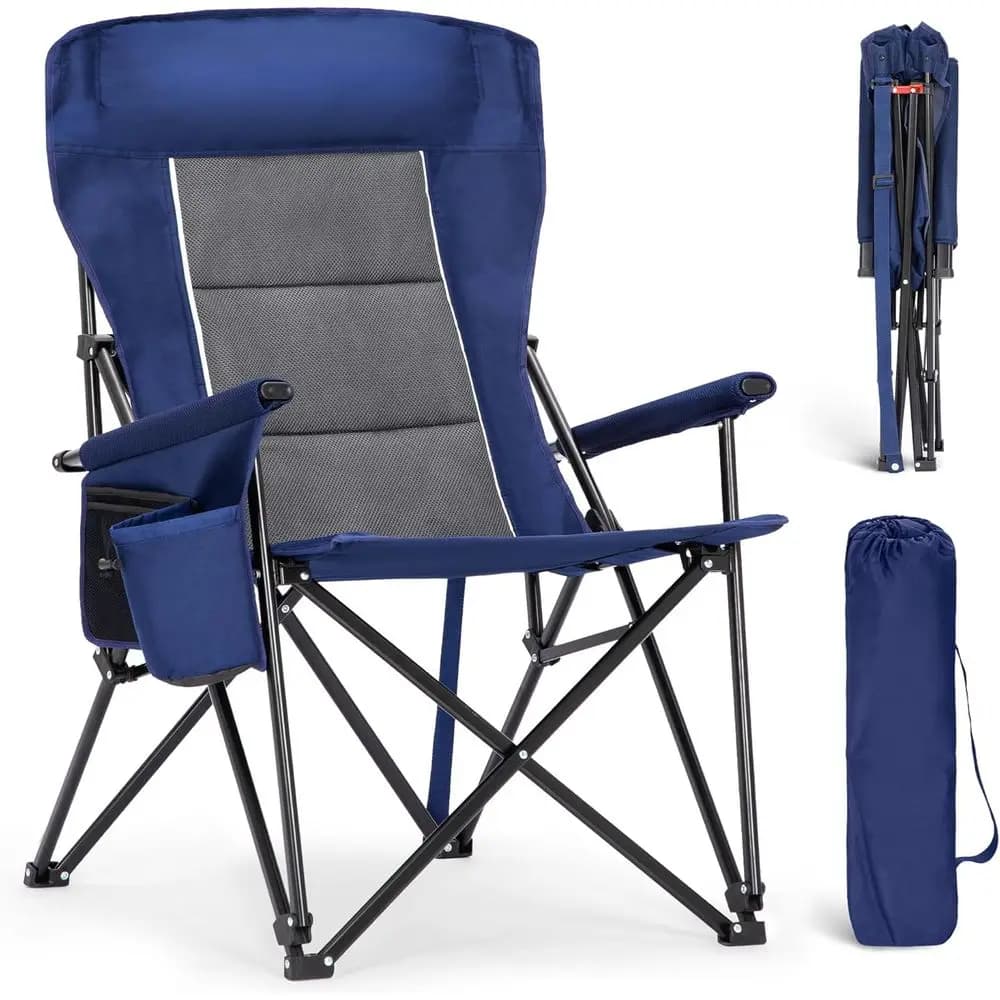 Sedie da campeggio oversize con schienale alto e supporto per adulti, portatili e resistenti, portano fino a 227 kg, con portabicchieri e ampie tasche laterali