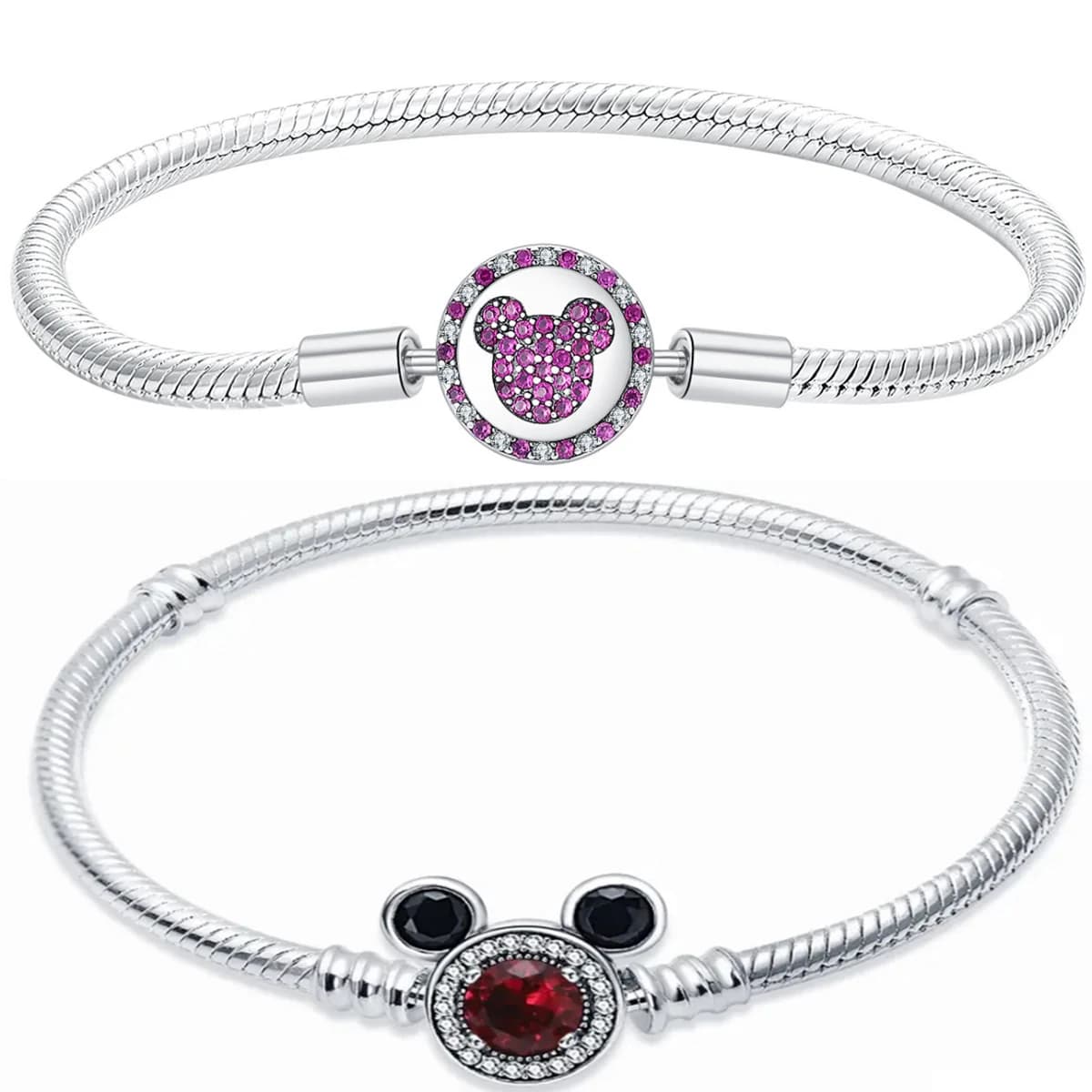 925 Sterling Silver Snake Chain Charm Bracelet, Cartoon Mouse Head Fit for European DIY Charms, Fashion Jewelry for Women