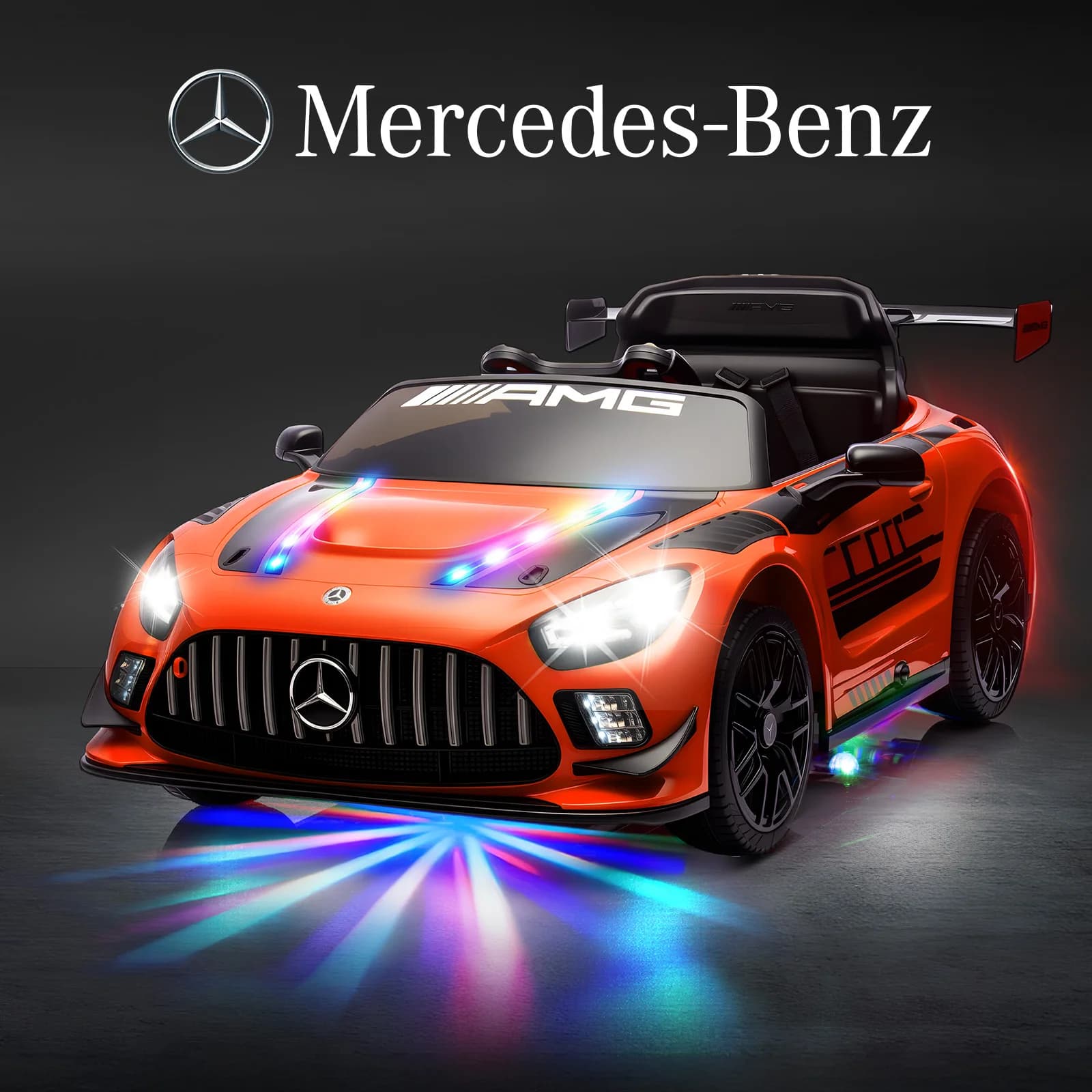 Auto Elettrica 12V per Bambini 3-5 Anni, Regalo per Bambini, Auto Giocattolo Mercedes-Benz GT3 con Licenza Ufficiale, con Strisce LED, Arancione