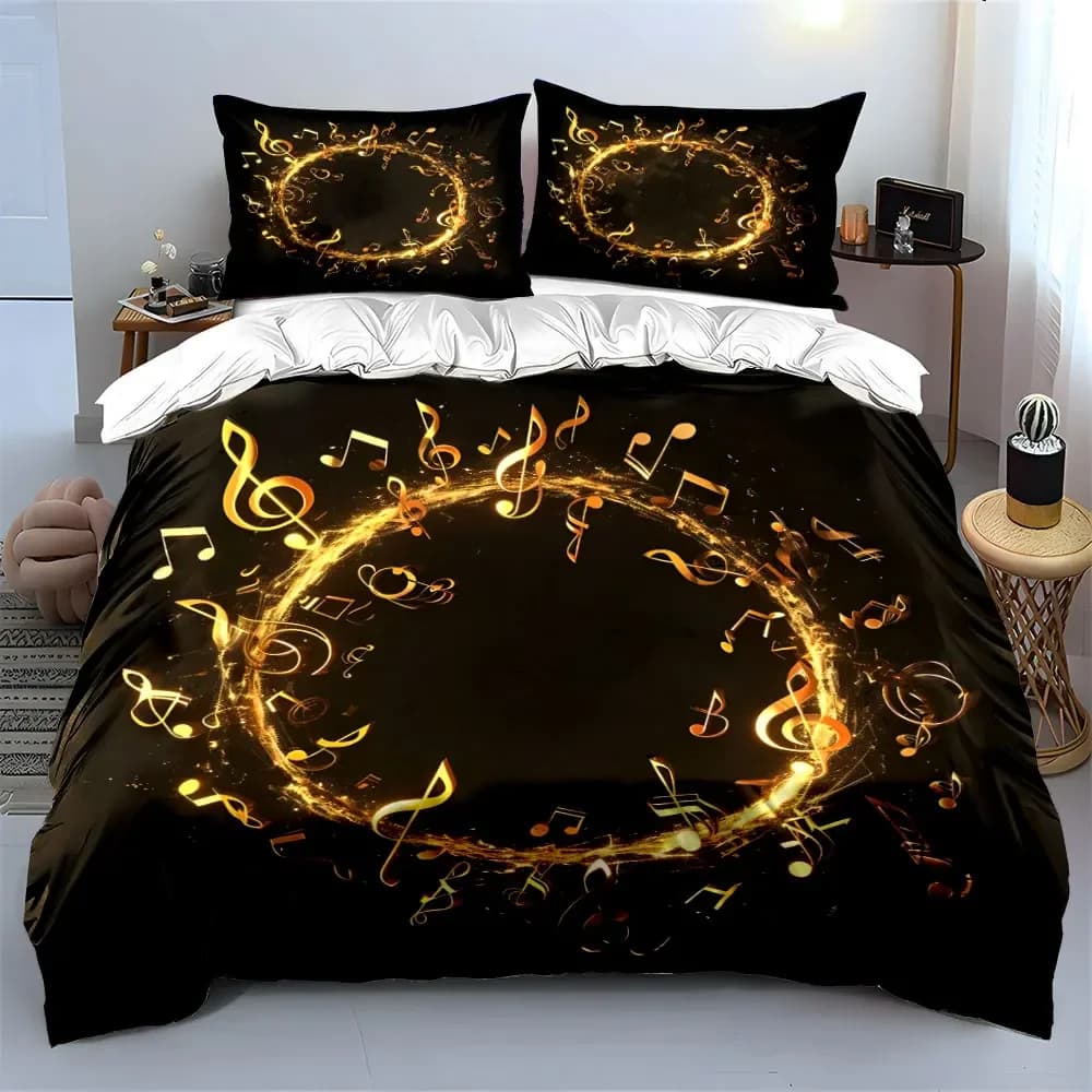 Set Decorativo Musicale Dorato: Set di Biancheria da Letto Morbido e Confortevole, Include 1 Copripiumino e 2 Federe, Regalo