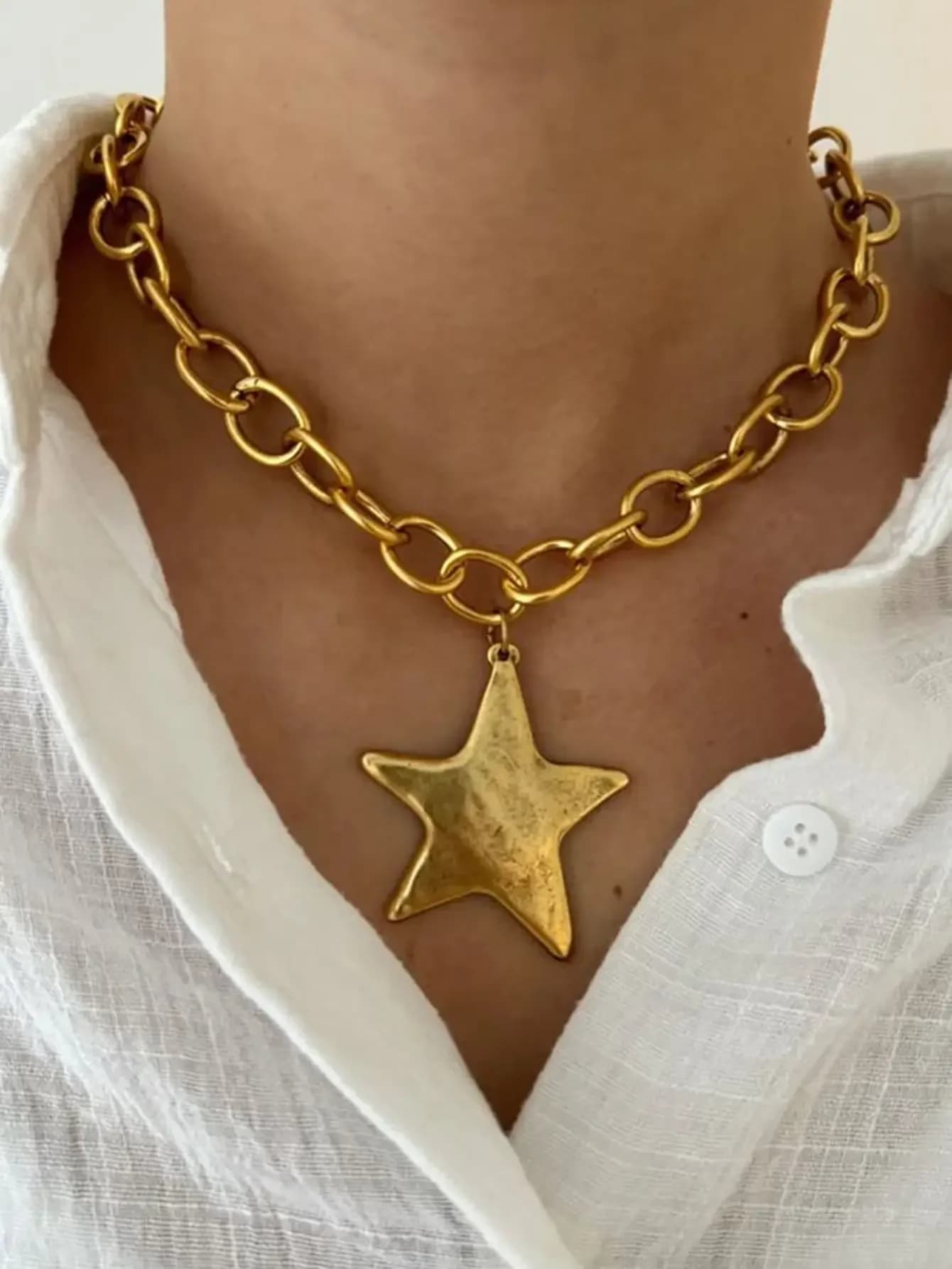 Vintage Chunky Chain Pentagram Pendant Necklace Bold Statement Women's jewelry, Retro Party Accessory 36