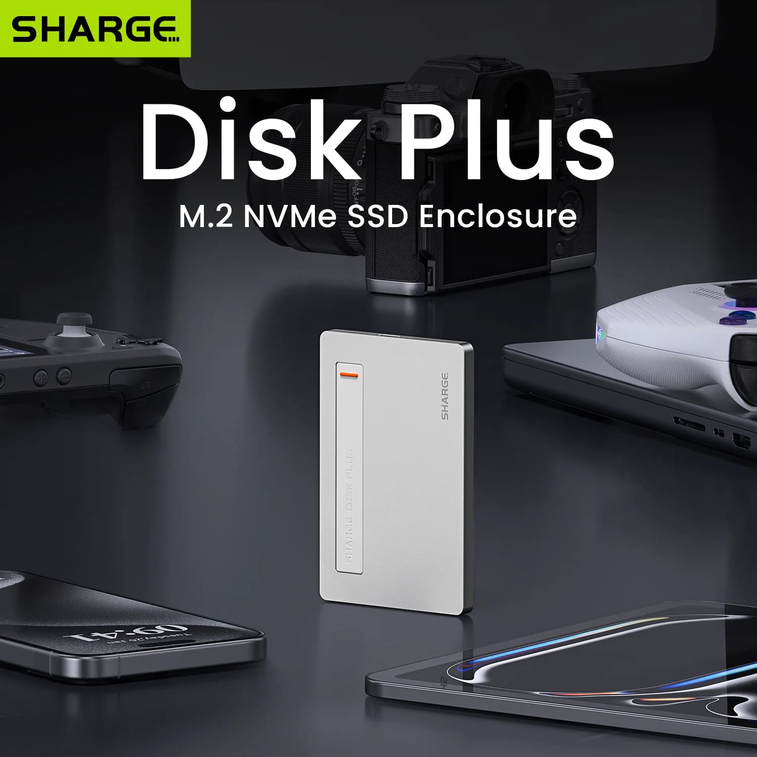 SHARGE Disk Plus M.2 NVMe SSD Enclosure 10Gbps USB C 3.2 Gen2 100W PD External Hard Drive Case for MacBook iPhone
