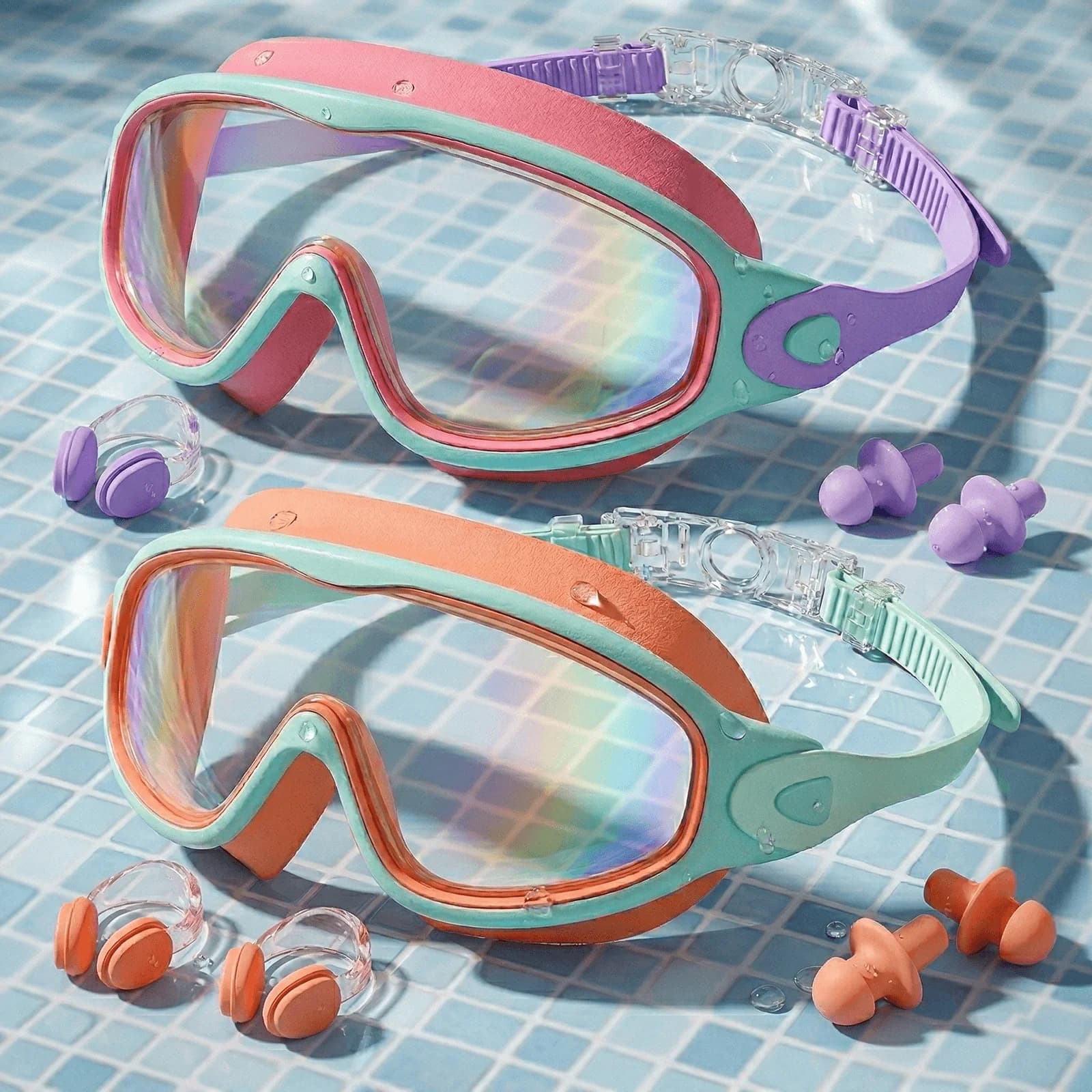 Swim Goggles 2 Pack, Kids Swimming Goggles with Earplugs&Nose Clip Wide View Anti-Fog/UV, Adjustable Straps for Age 3-15 Boys Girls summerwins