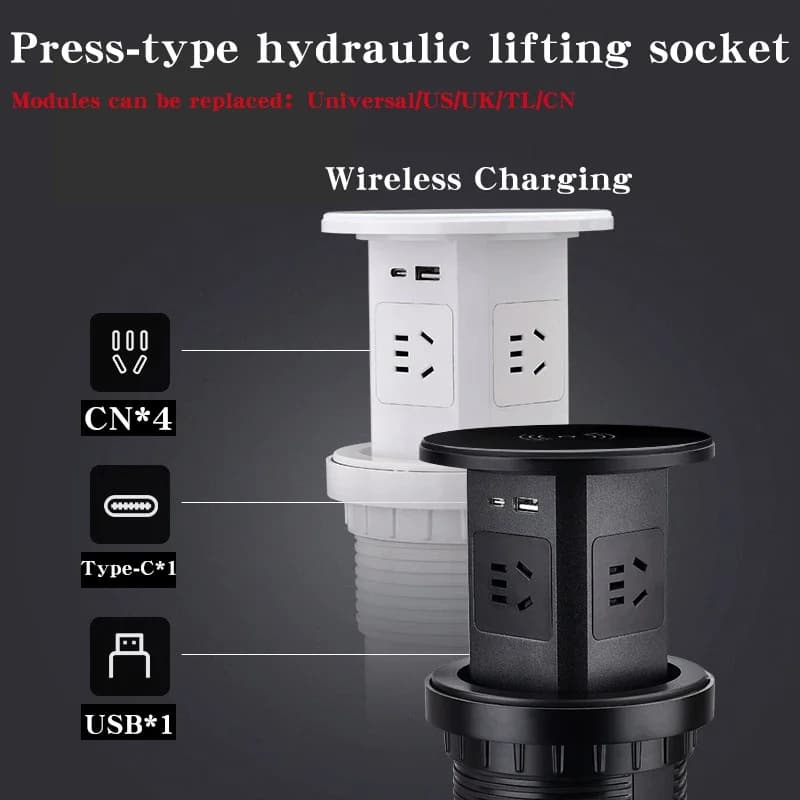 Hidden integrated table power socket: Automatic Pop-Up with Universal Plug Adapter US UK AU and Wireless USB Type-C Charging