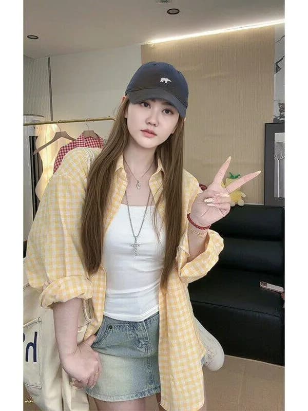 Camicia Giacca Donna a Quadri Rossi Primavera 2026, Stile Casual, Maniche Lunghe, Protezione Solare, Bottoni, Lunghezza Media