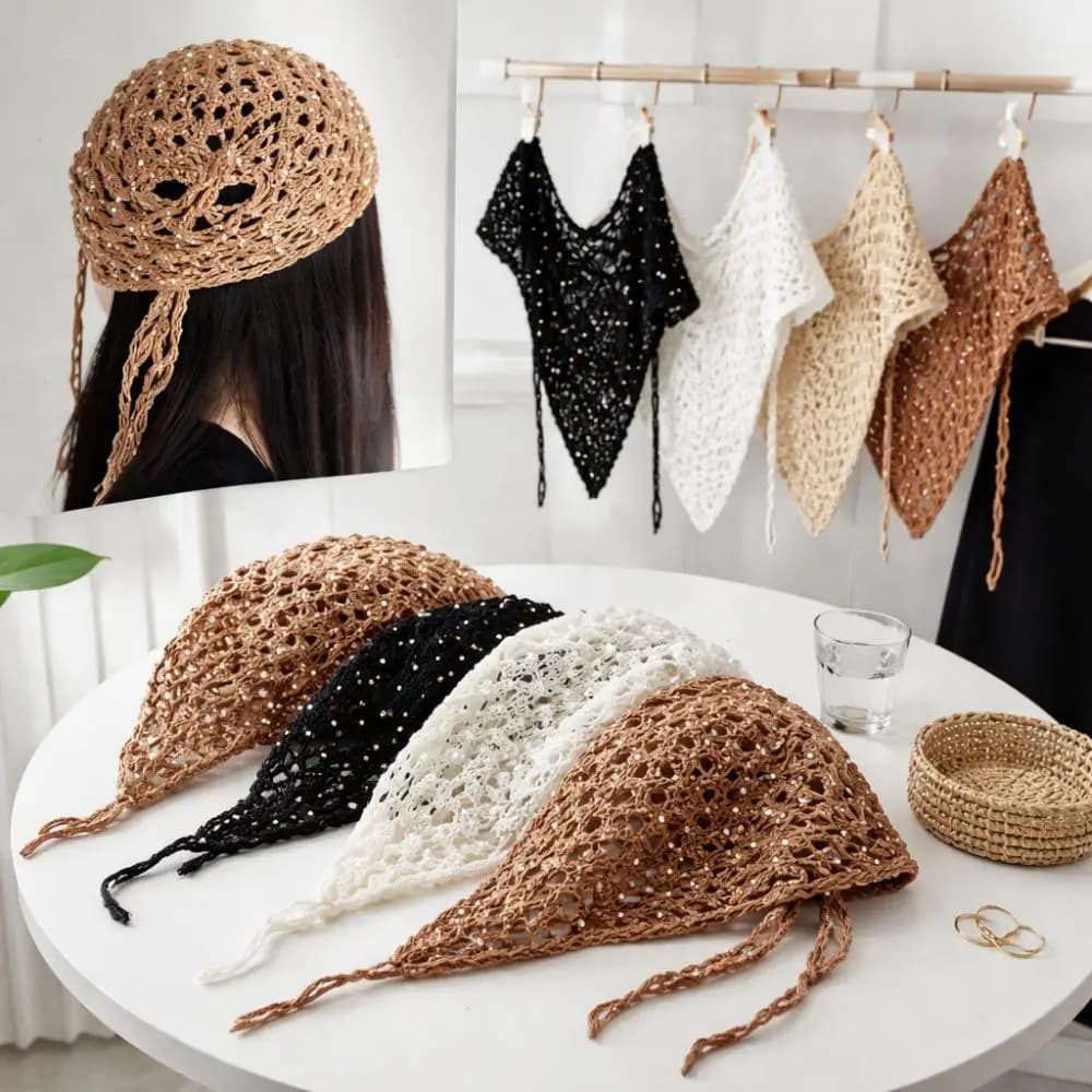 Fascia per capelli casual con paillettes, stile Ins, versatile, in maglia, a triangolo, traforata, Y2K, tipo berretto, per viaggi estivi