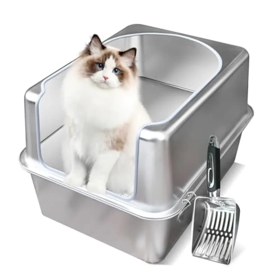 Stainless Steel Litter Box with Metal Lid and Scoop - Enclosed Metal Litter Box for Large Cats, Rust-Resistant, Odor-Control, E