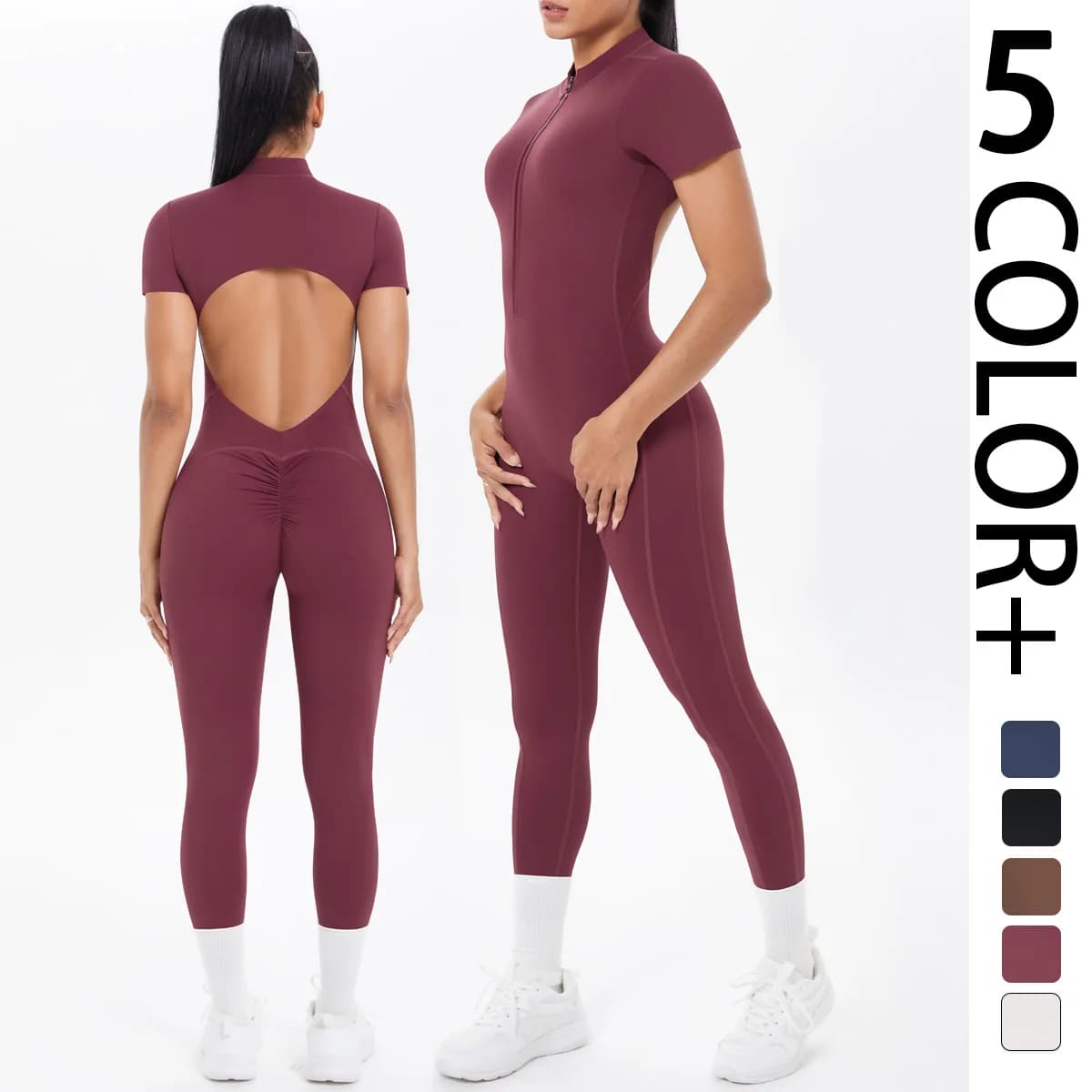 Tuta fitness a maniche corte per donna Body senza schienale Tinta unita Scrunch Tuta intera Mezza cerniera Palestra Yoga Set da donna