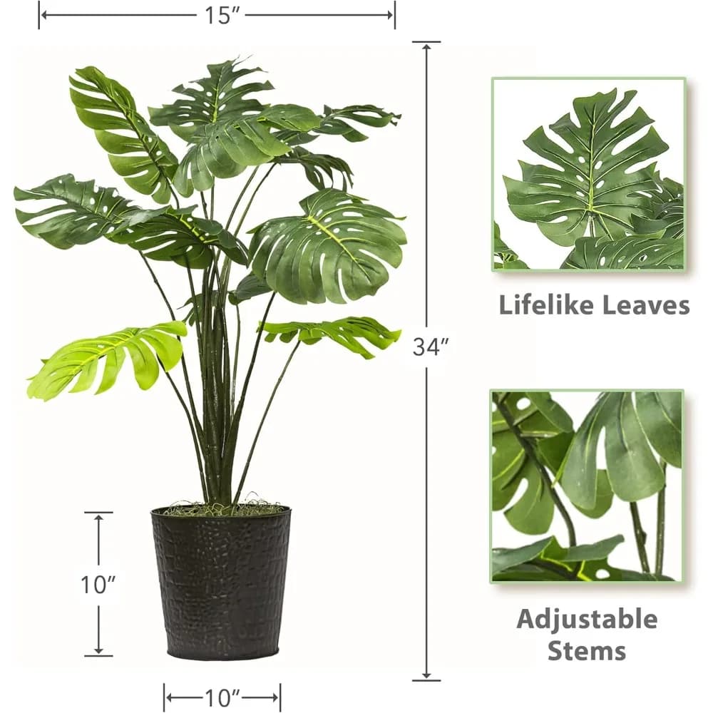 Pianta Monstera da 34 pollici in vaso di metallo nero – Foglio e steli naturali, realistici – Piante finte per interni ed esterni