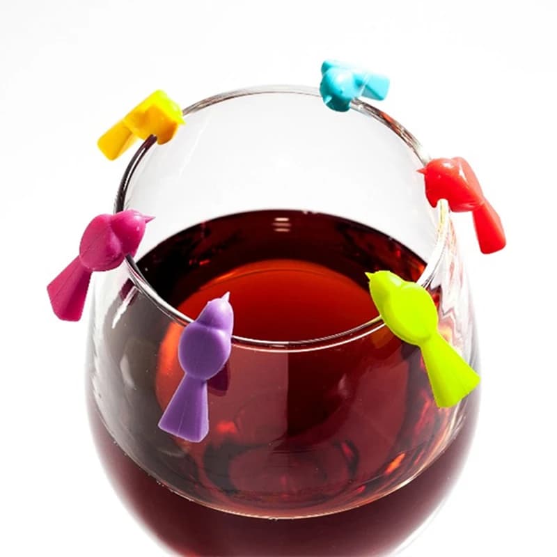 Set di 6 Distintivi in Silicone a Forma di Uccellino per Bicchieri da Vino, Riconoscitori per Calici