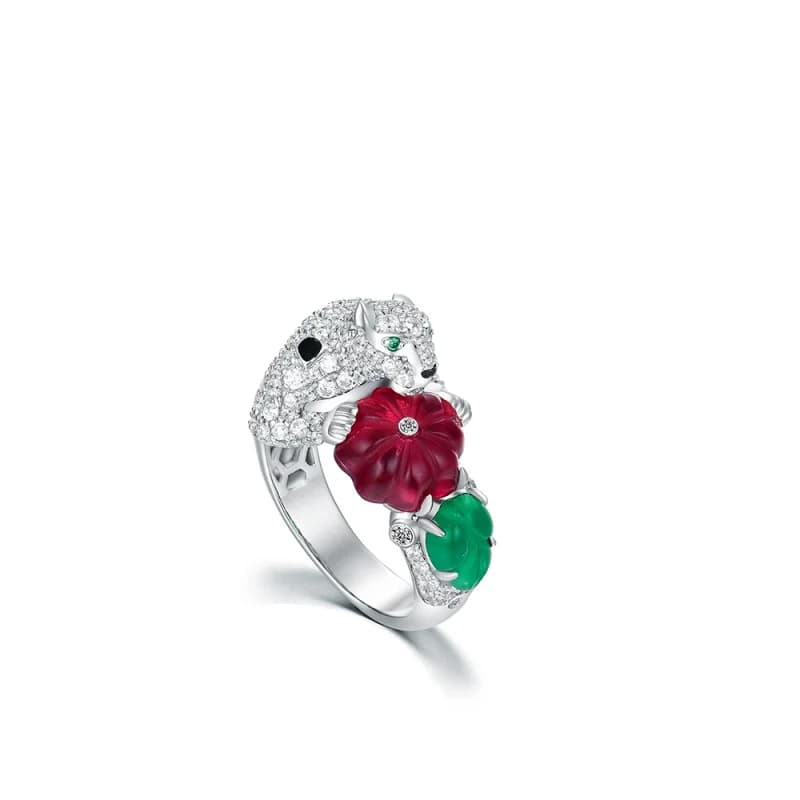 Bellux Anello leopardato di lusso leggero in argento 925 placcato oro con zirconi sintetici, rubino, smeraldo, frutta