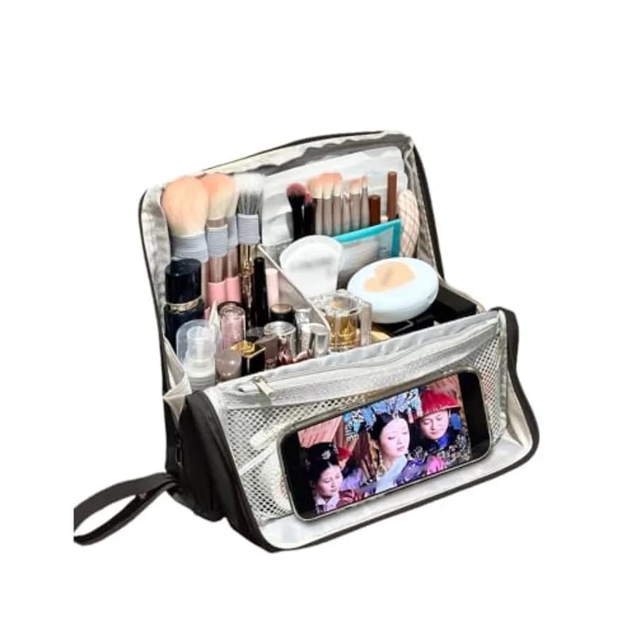Borsa per il trucco verticale, organizer cosmetico compatto ma spazioso, borsa da toilette impermeabile con divisorio, porta pennelli, design verticale