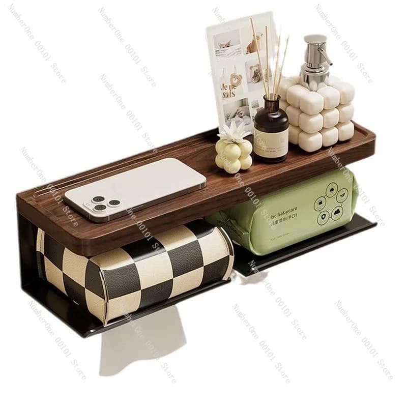 Portarotolo da parete in legno di noce senza foratura, porta salviette e organizer rustico per bagno
