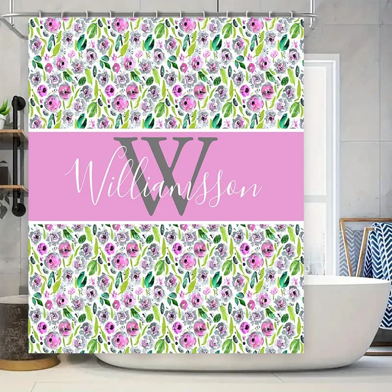 Set tappetino da bagno con iniziali personalizzate Tessuto lavabile riutilizzabile Tende da doccia stampate floreali resistenti all'acqua per la decorazione domestica Bathro