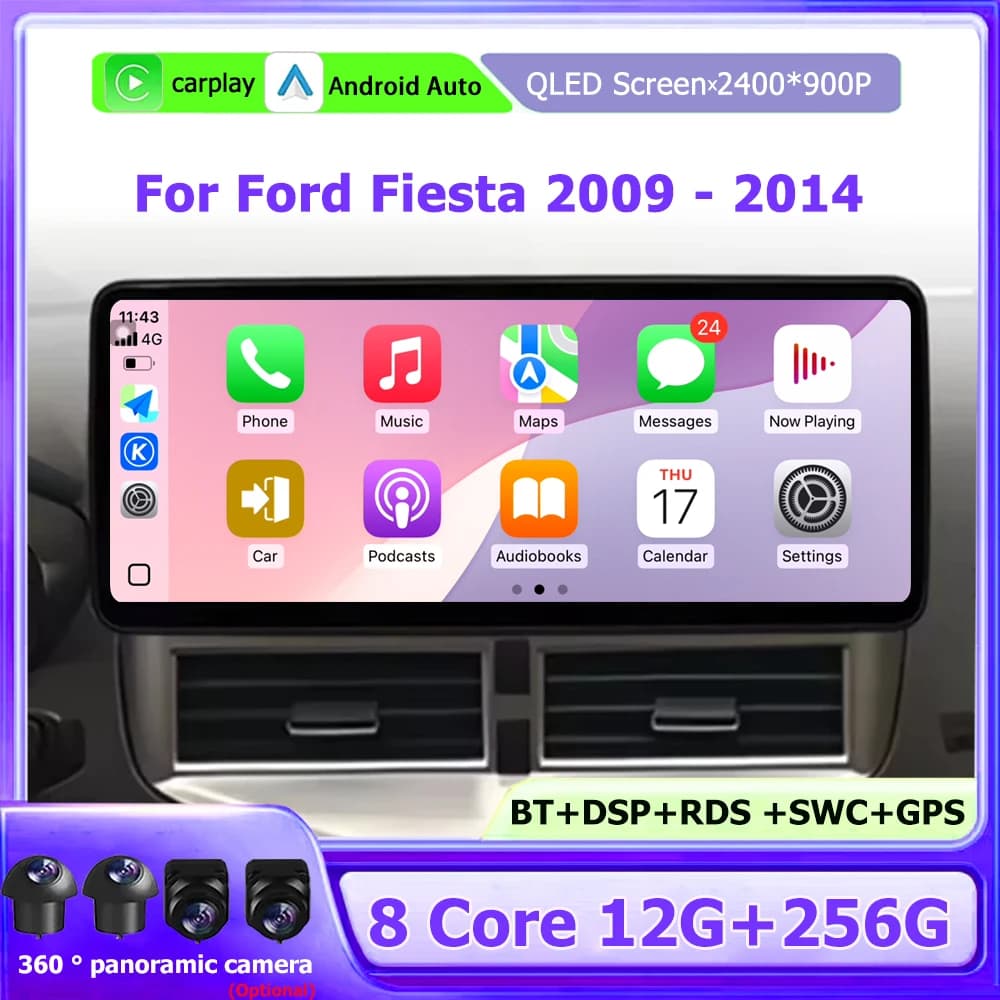 12.3 Inch For Ford Fiesta 2009-2014 Android 16 Auto Car Radio Multimedia Video Player GPS Navigation Stereo Wireless CarPlay DSP
