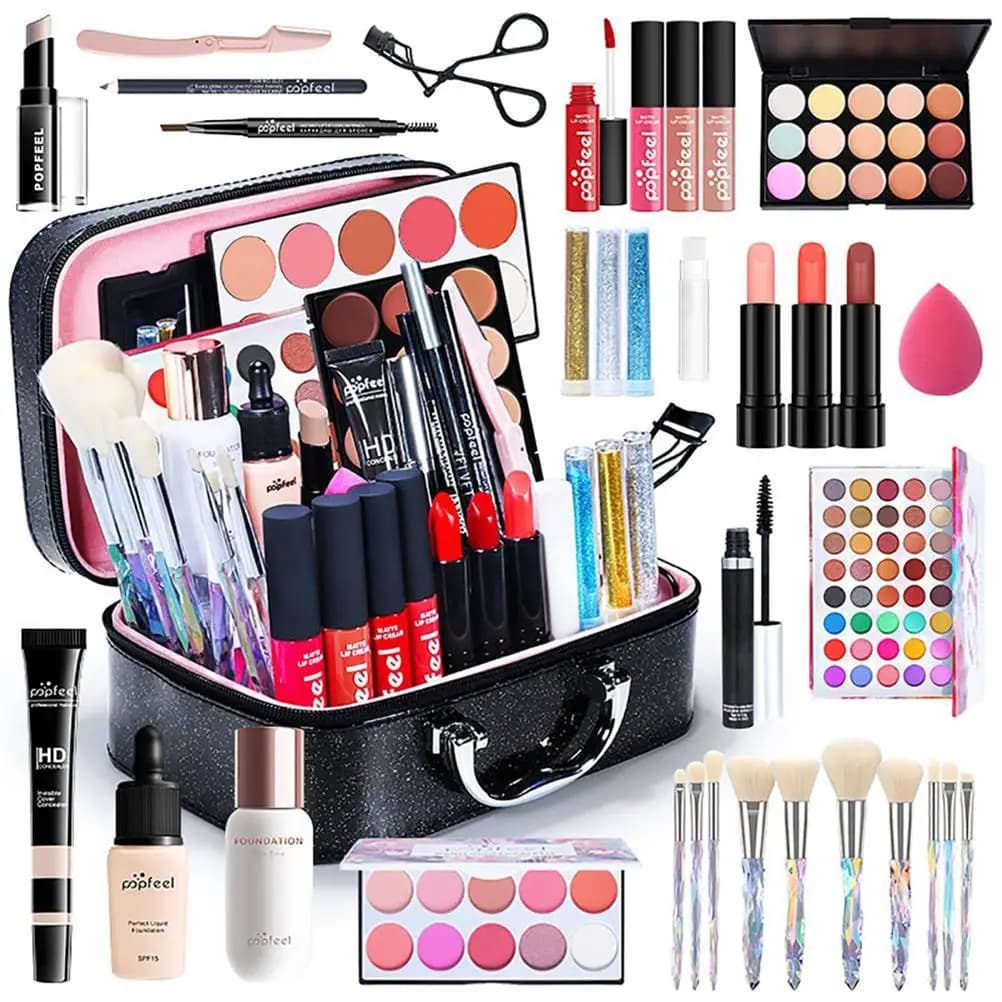 Set Cosmetico per Principianti, Set Trucco Pratico con Pennello per Lucidalabbra, Ottimo Regalo, Spugnetta per Cipria con Scatola Portaoggetti per Esibizioni