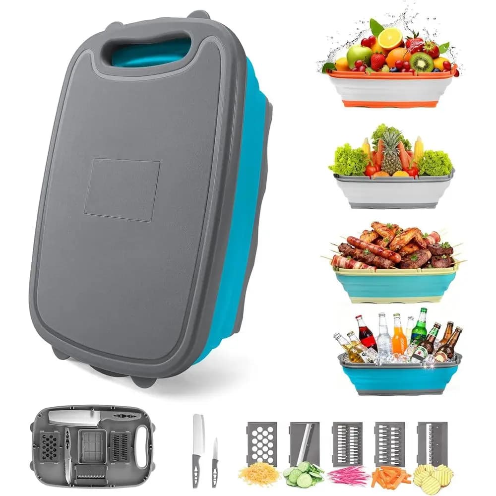 Collapsible Camping Cutting Board, 9-in-1 Chopping Board with Color, Kitchen Vegetable Washing Basket for Camping, Camping Gifts