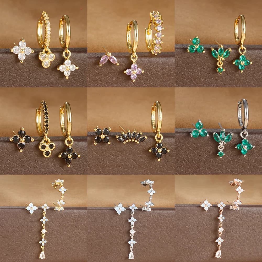Set di orecchini a cerchio con pendente a forma di fiore a quattro foglie in acciaio inossidabile da 3 pezzi per le donne Orecchini con piercing Huggie in zircone Gioielli alla moda
