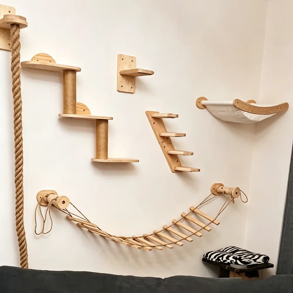 Wall Mounted Cat Tree Wooden Furniture Scratcher Jumping Platform Rope Ladder Cat Climbing Shelves Cat Sleeping and Playing