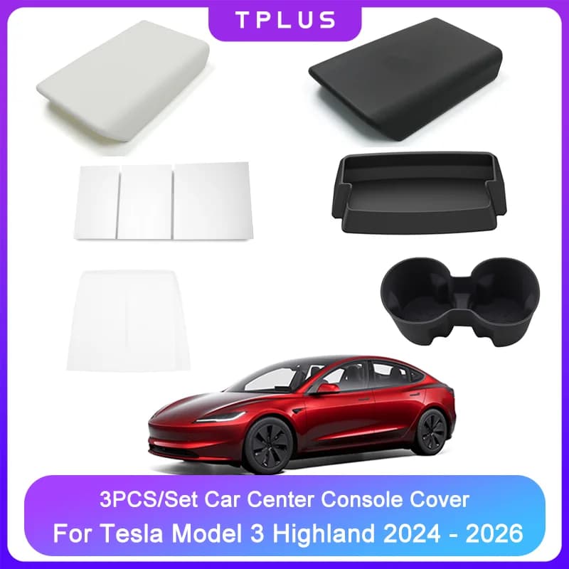Set di Accessori per Console Centrale Auto Tesla Model 3 Highland 2024-2026: Copertura Bracciolo, Pad di Ricarica Wireless, Portabicchieri (3 Pezzi)