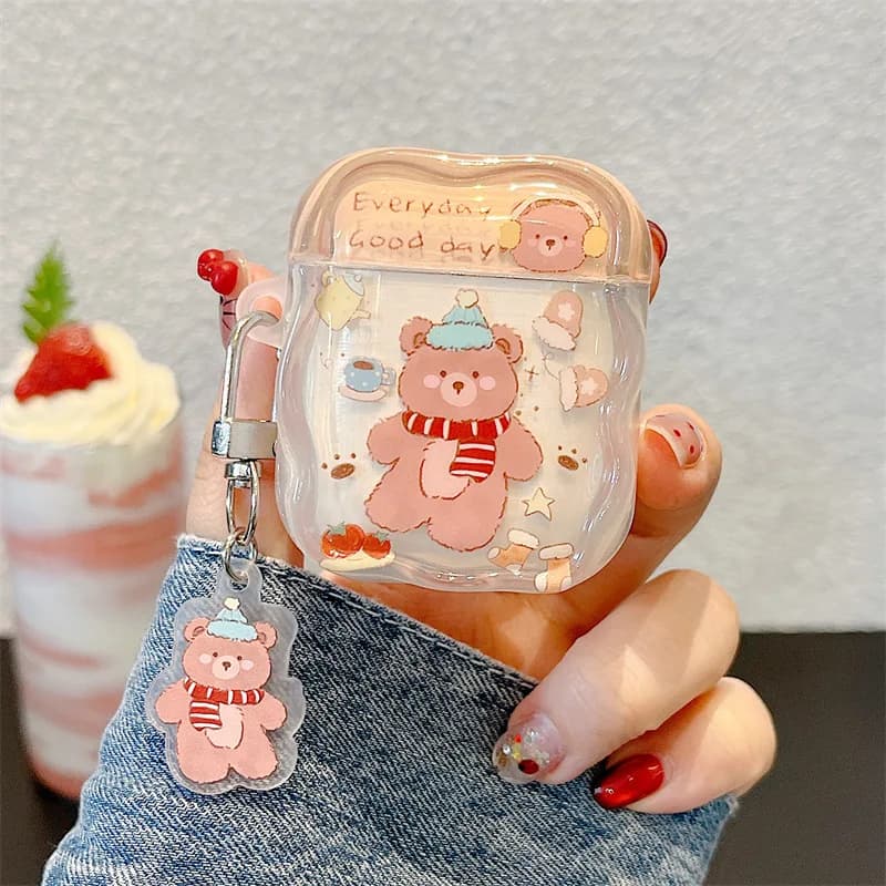 Custodia per auricolari con orso sciarpa cartone animato Kawaii per Airpods 4 2 3 1 Custodia protettiva per auricolare Bluetooth wireless Pro 3 2 con pendente