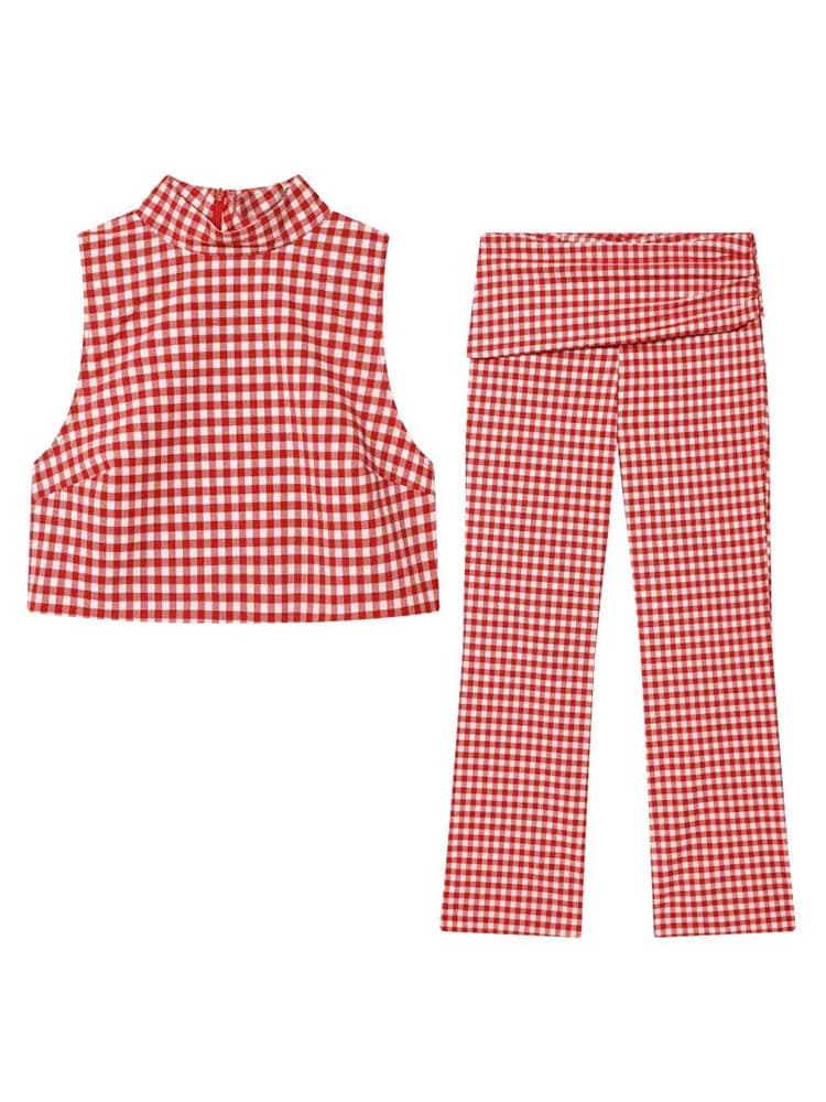 2026 Women Summer 2-Pieces Sets Fashion Plaid Short Blouses Tops and Straight Pants Female Elegant Street Two Suits Clothing