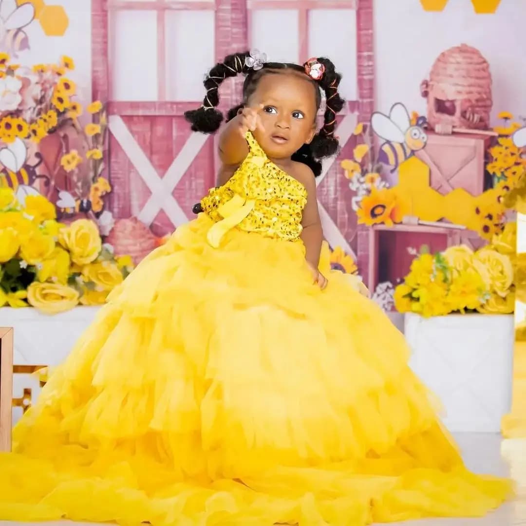 Giallo a strati Tulle Flower Girl Dress una spalla con paillettes principessa Birthday Ball abiti da prima comunione