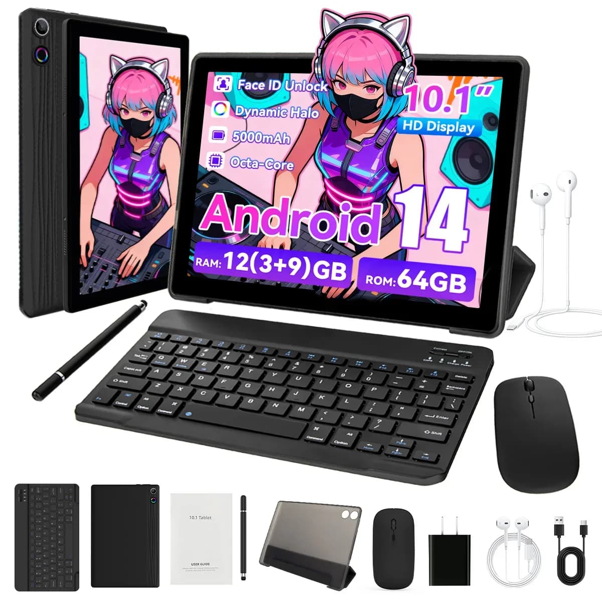 Tablet 10 inch Android14 12 GB RAM 64 GB ROM Octa Core WiFi Double camera with stylus Mouse Keyboard Headphones Case Computer PAD Set