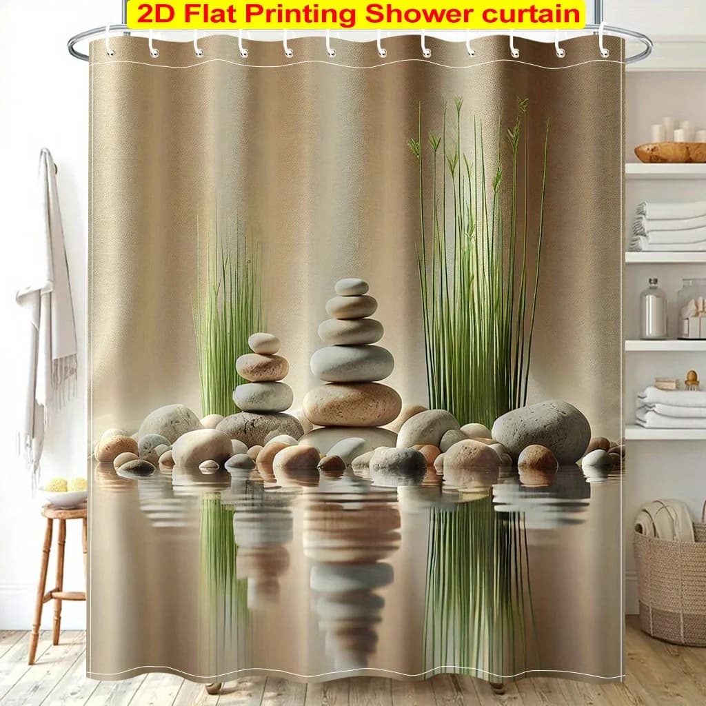 Tenda da Doccia con Pietre Zen, Decorazione Bagno Spa con Impilamento di Ciottoli, Tenda da Bagno con Riflessi d'Acqua Tranquilla, Relax Naturale