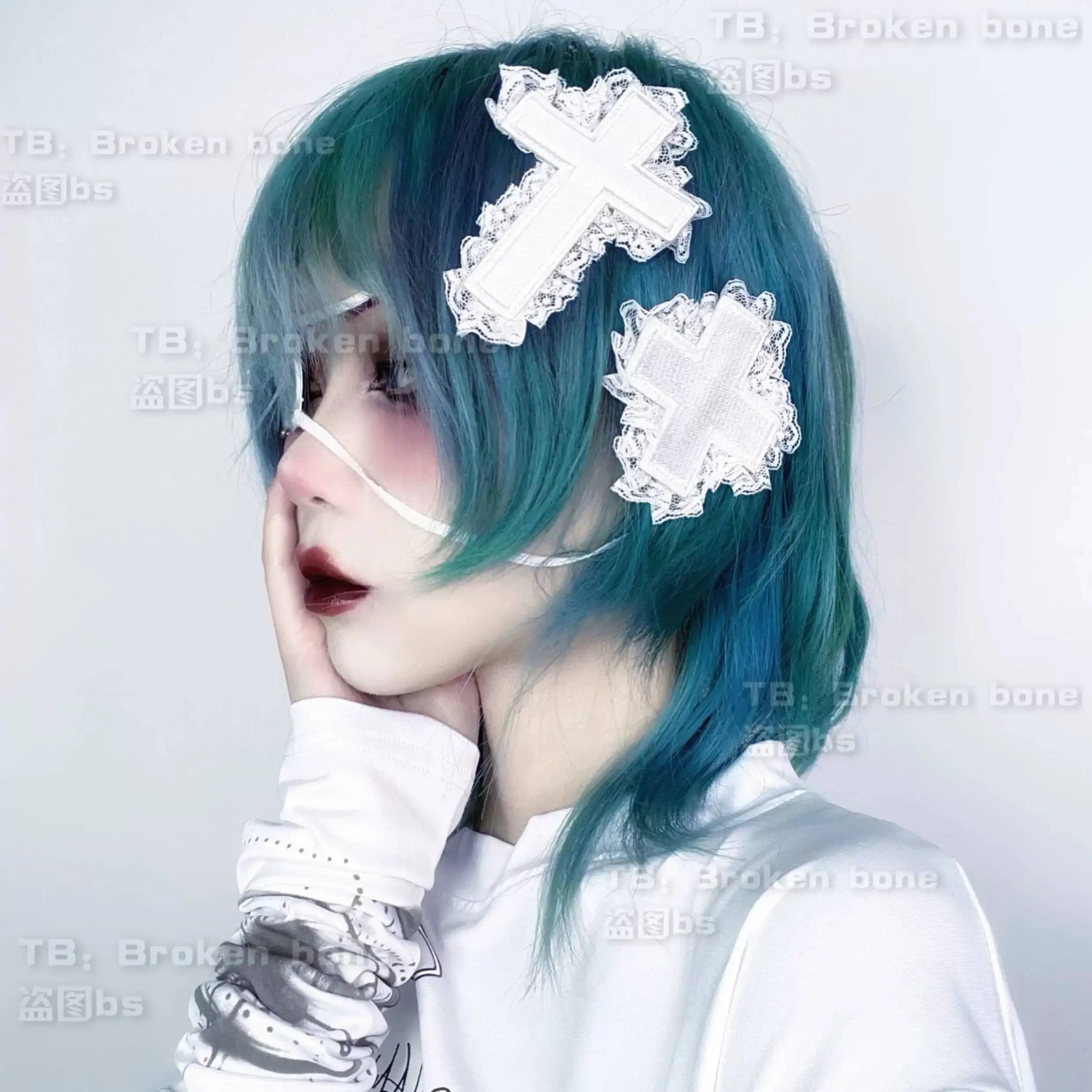 Fermaglio per capelli Jirai Kei Punk bianco gotico Harajuku con croce in pizzo, accessori per capelli subcultural, stile Landmine