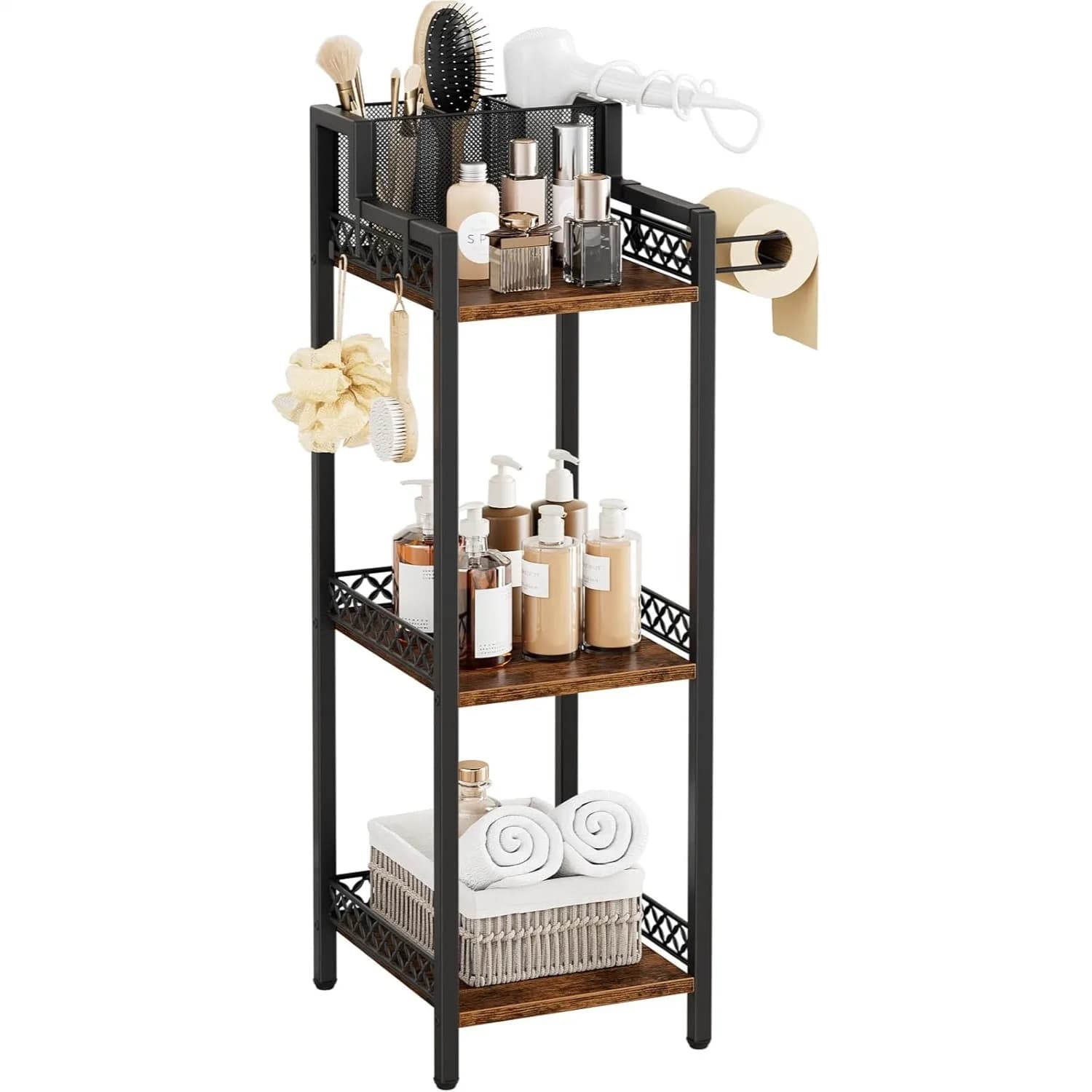 Scaffale stretto a 3 livelli per bagno con porta asciugacapelli e porta carta igienica, organizer verticale da 25 cm di larghezza per cosmetici