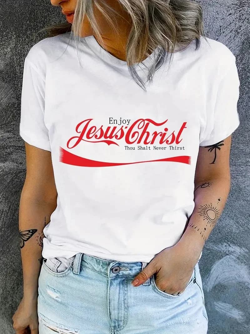 Jesus Enjoy christ Print T-Shirt, Short Sleeve Crew Neck Casual Top For Spring & Summer, Women's Clothing casual basics O-collar