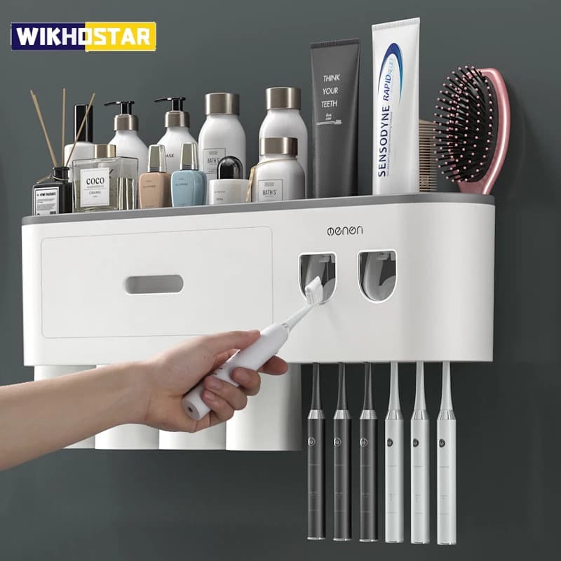 WIKHOSTEAR portaspazzolino a parete adsorbimento magnetico spremiagrumi invertito doppio distributore automatico di dentifricio