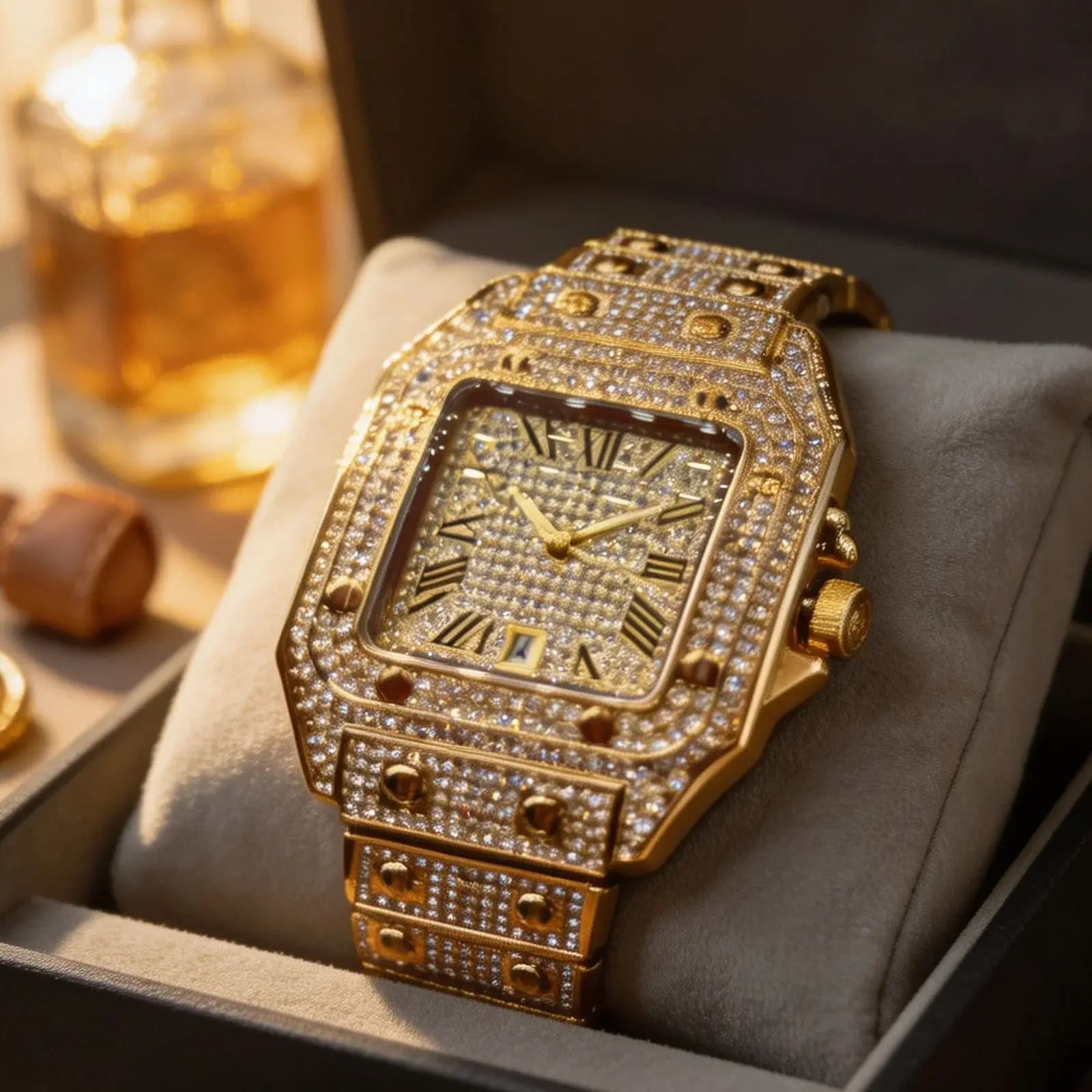 Men's Diamond-Encrusted Quartz Watch, Square Roman Numeral Dial, Full Diamond Sparkle Watch, Luxurious Hip-Hop Style, with Date Display Function, Waterproof Design, Suitable for Men's Parties and Business Occasions