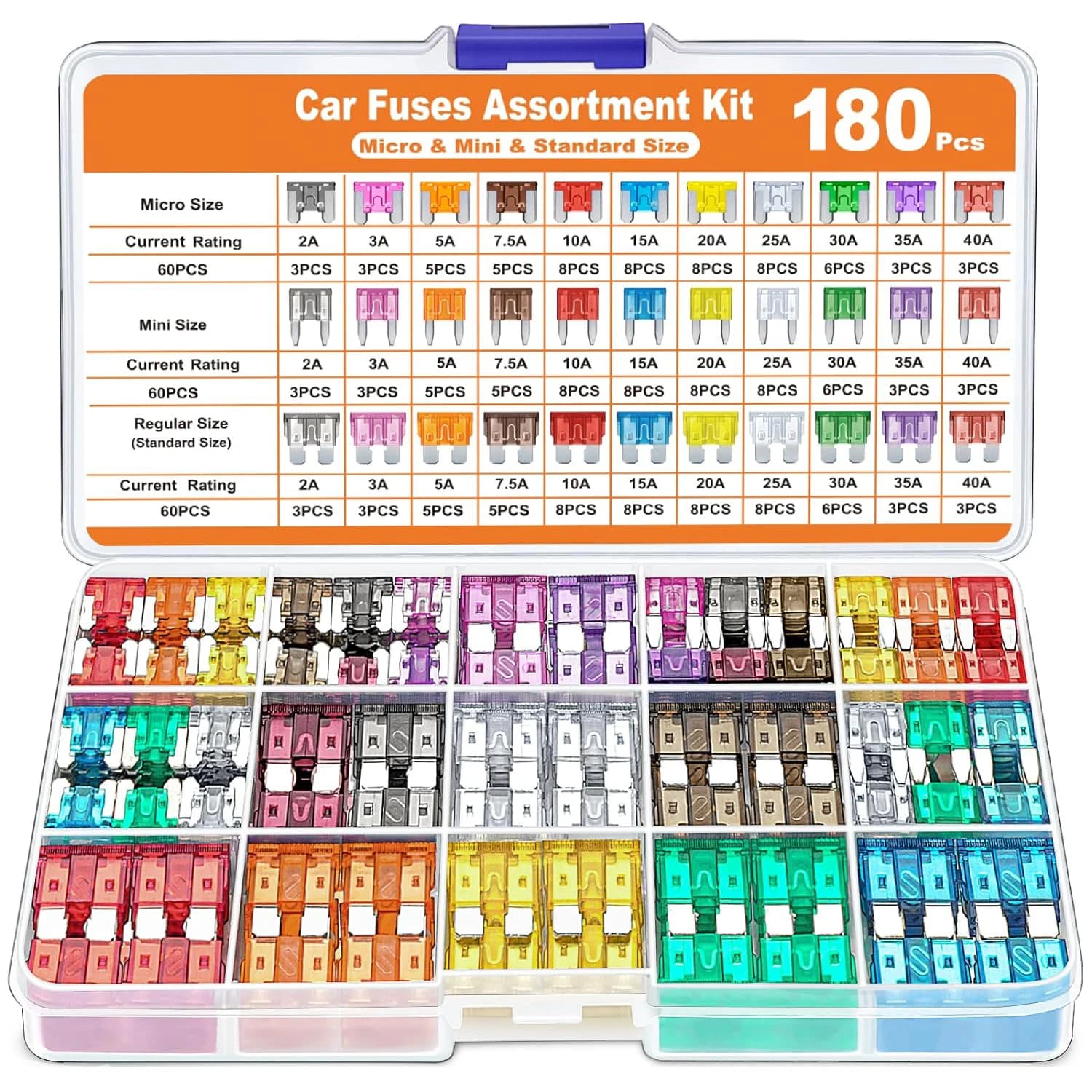180Pcs Car Fuses Assorted Kit, 60 Mini Blade Car Fuse +60 Standard Fuse Automotive +60 Micro Fuse + Fuse Puller