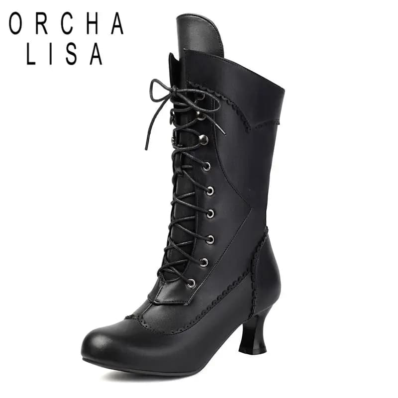 ORCHA LISA Brand 2025 Female Mid Calf Boots Round Toe Strange Heels 5.5cm Lace Up Large Size 45 46 47 48 Casual Retro Daily Bota