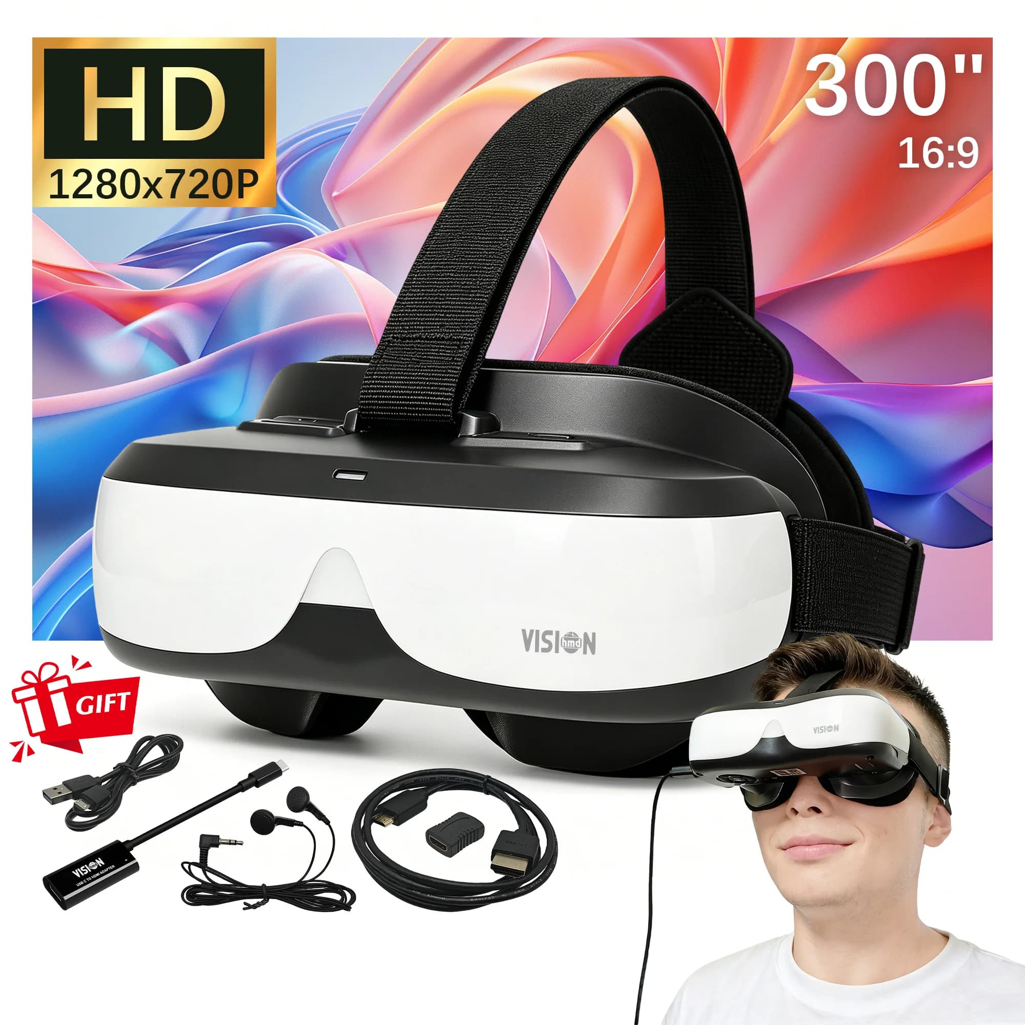 Portable Head Mounted Display HDMI Type-C, 300 Inch Virtual Screen Private Cinema Compatible with Switch Steam Deck PS5 PC